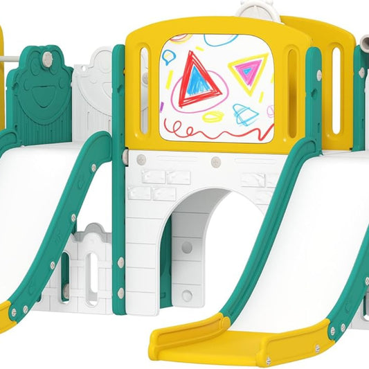 AIRPLAY Kinder Rutsche 9 in 1 Kleinkind Rutsche mit Basketballkorb, 2 Rutsche, Klettergerüst, Schaukel, Tunnel, Fernrohr, Reißbrett, Froschmotiv und Aufbewahrungsbox usw. Indoor Outdoor für 1-3 Jahre