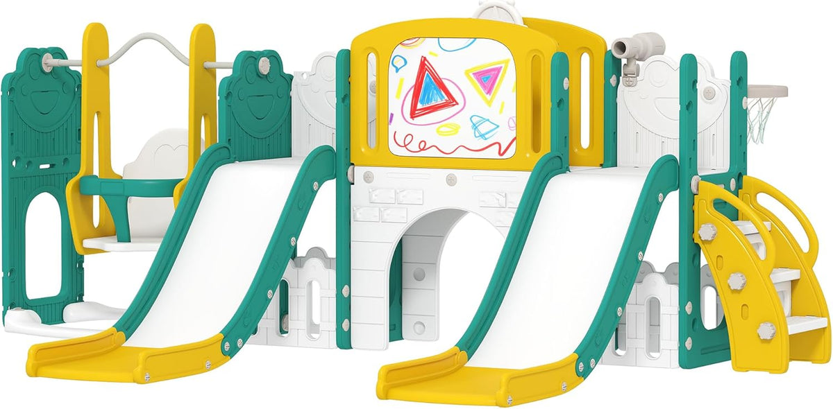 AIRPLAY Children's Slide 9 in 1 Toddler Slide with Basketball Hoop, 2 Slides, Climbing Frame, Swing, Tunnel, Telescope, Drawing Board, Frog Motif and Storage Box etc. Indoor Outdoor for 1-3 Years