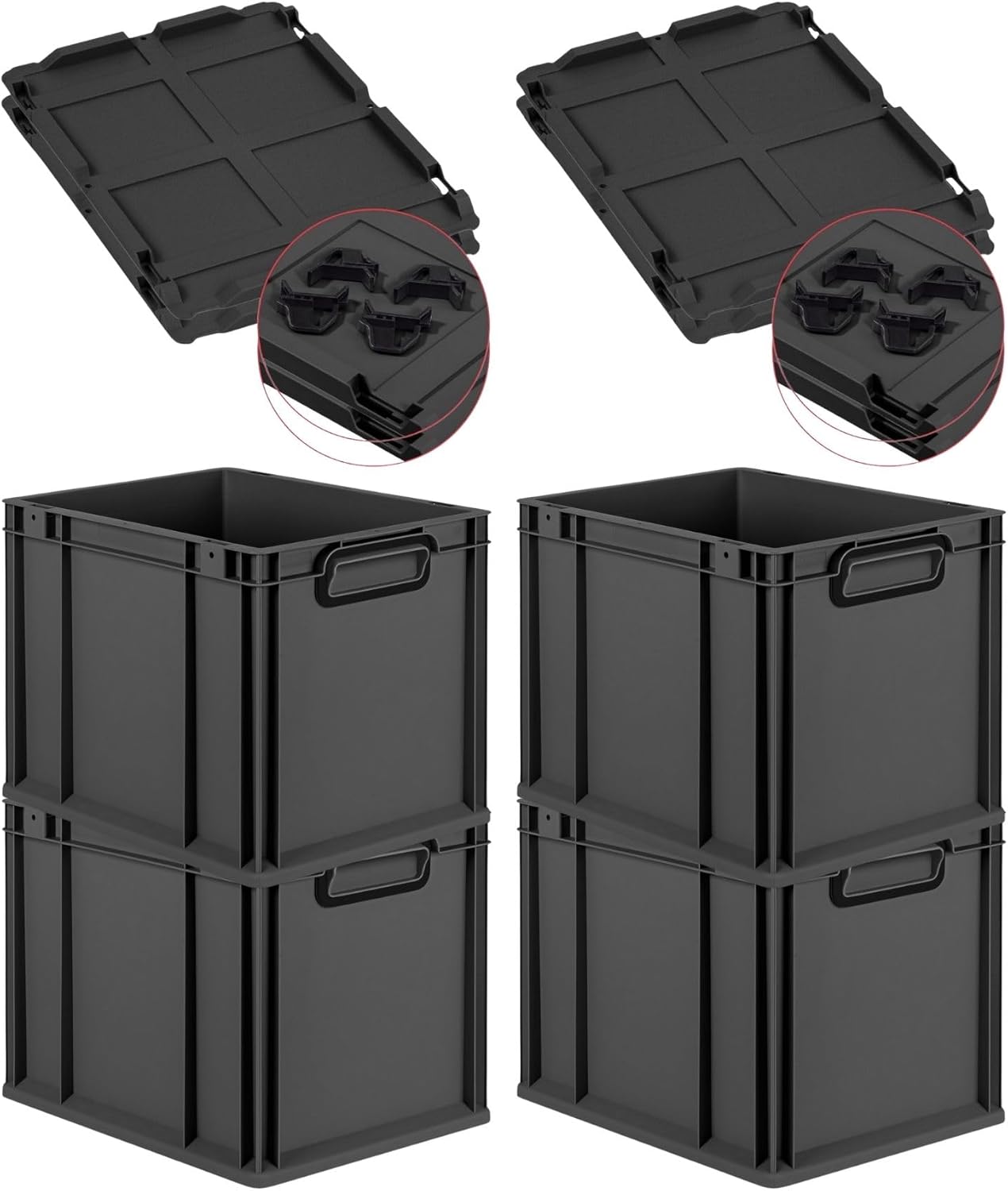 PROREGAL Economy Set of 5 Eurobox NextGen Colour with Lid and Sliding Snap Fasteners, H x W x D 22 x 30 x 40 cm, 20 L, Black, Closed Handles, Euro Container, Transport Box, Transport Container