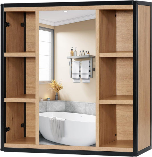 EUGAD Bathroom Mirror Cabinet with Mirror, Cabinet with Bathroom Mirror, Wall Cabinet Bathroom with Adjustable Shelves, Made of Metal Wood Material, 60 x 58 x 16 cm