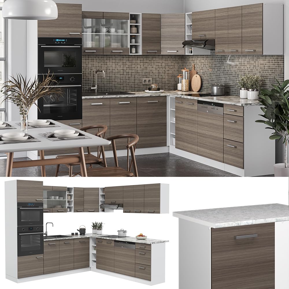 Vicco R-Line Fitted Kitchen Cabinets Country House Kitchen Furniture (White, Corner 247 x 237 cm)