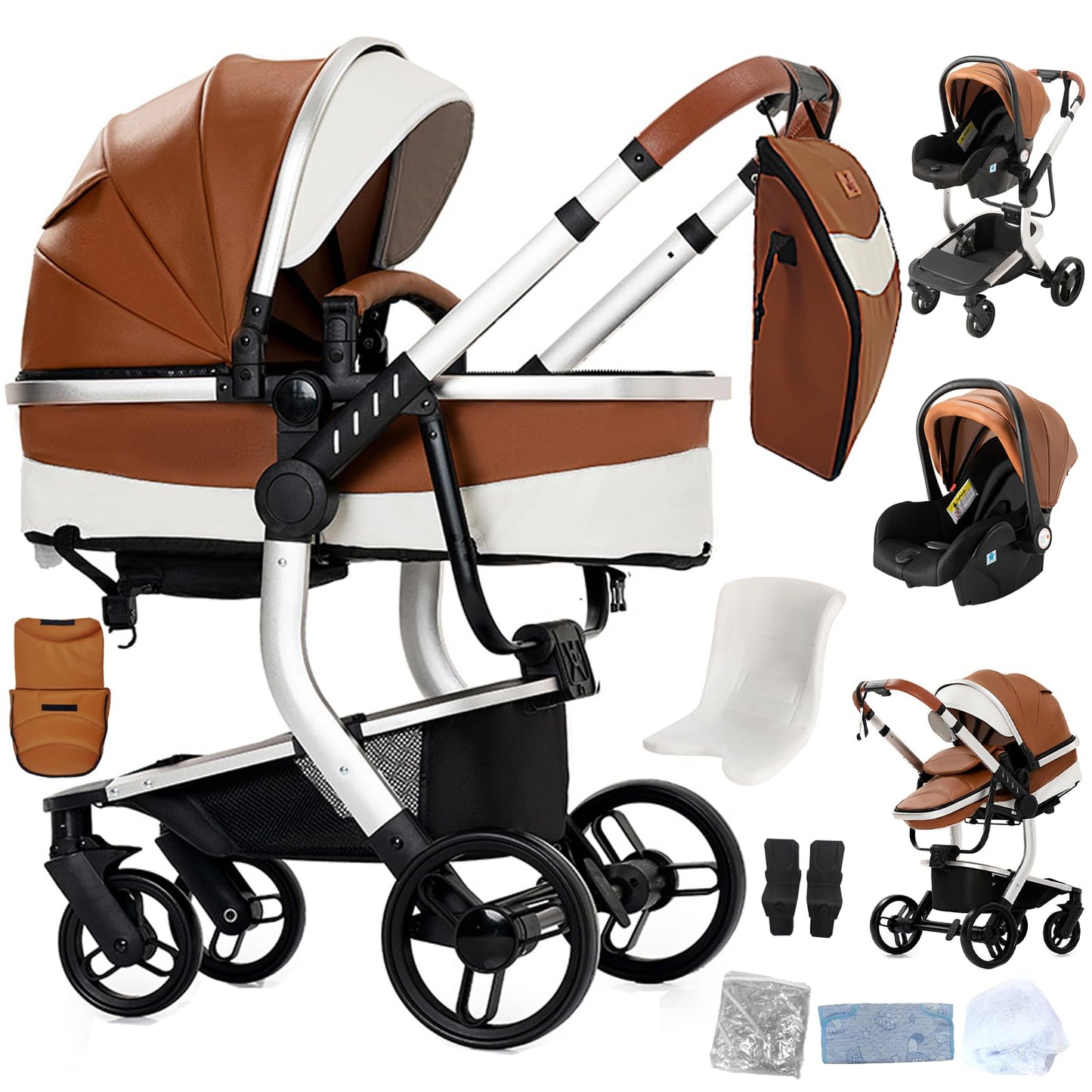 PU Leather Pushchair 3-in-1, Buggy with One-Click Folding Design, Pushchair with Two Reversible Sliding Modes, Combination Pushchair 3-in-1 Complete Set Frame Aluminium Alloy (518 Black)