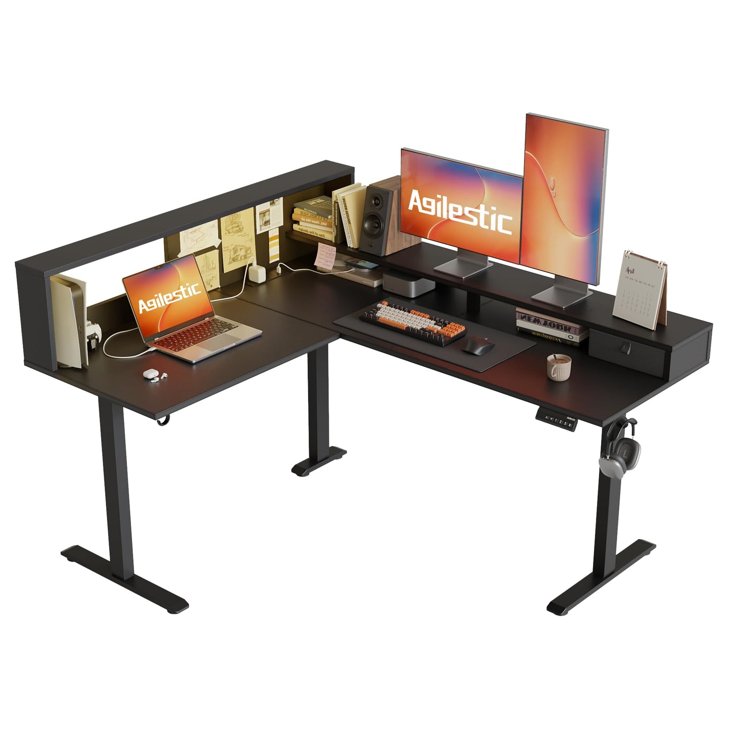 Agilestic L-Shaped Height-Adjustable Desk, 160 x 140 cm Desk, Height Adjustable, Electric, Corner Desk, Ergonomic Standing Seat Table, Computer Desk, White