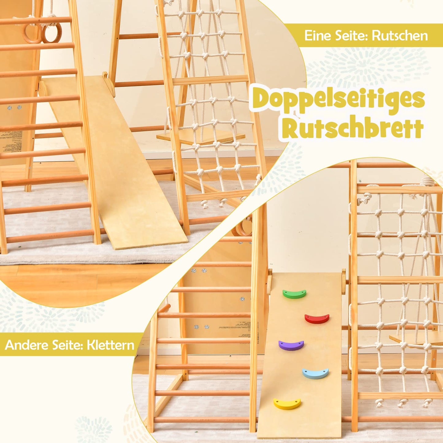 DREAMADE 8 in 1 Climbing Triangle Climbing Toy with Swing Ladder Slide Climbing Net Gym Rings Playground Indoor Wooden Climbing Frame for Sliding & Climbing for Children from 3 Years (Natural)