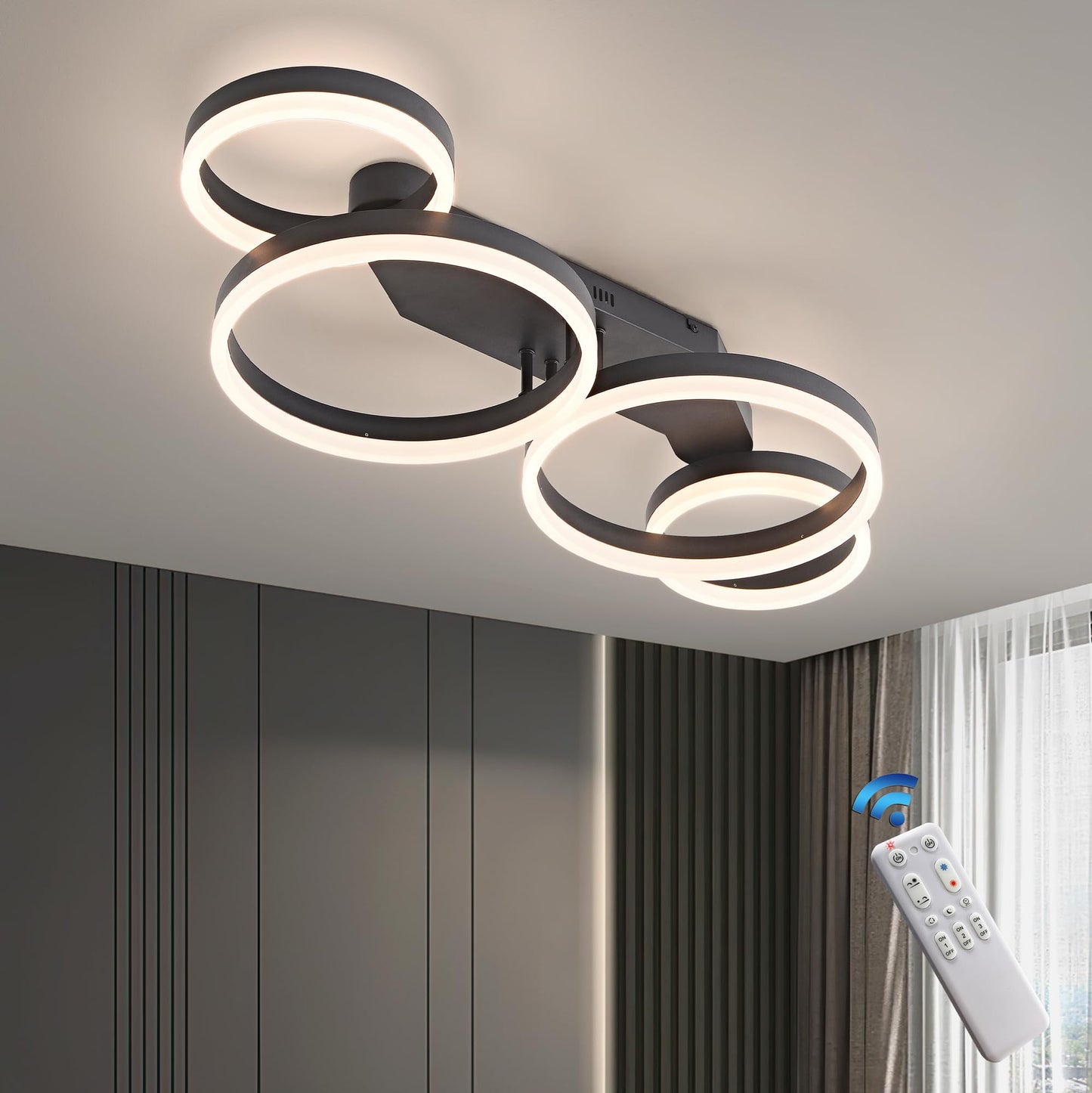 LED Ceiling Light Wood Dimmable, Rotatable 350°, Solid Wood Black Vintage Ceiling Light, 28 W, 40 cm, 2800 lm, 3000 K - 6000 K with Remote Control, Bedroom Lamp, Memory Function, 3 W Night Light