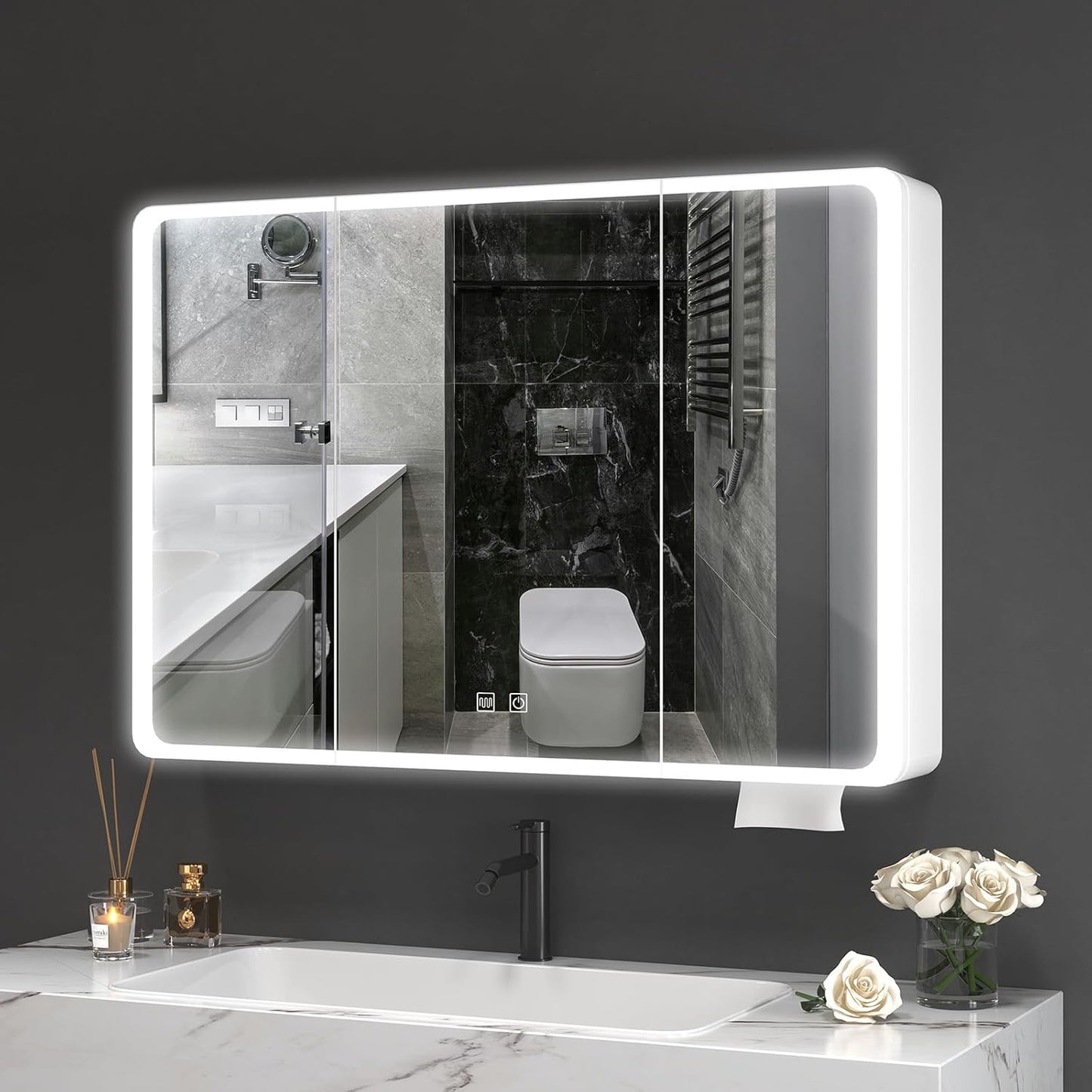 Aovquof Mirror Cabinet with Lighting - 90 x 60 cm Bathroom Mirror Cabinet with Storage Space, Bathroom Mirror Cabinet with Adjustable Dimmable LED Lights with Demist Function, Modern Cream Colour