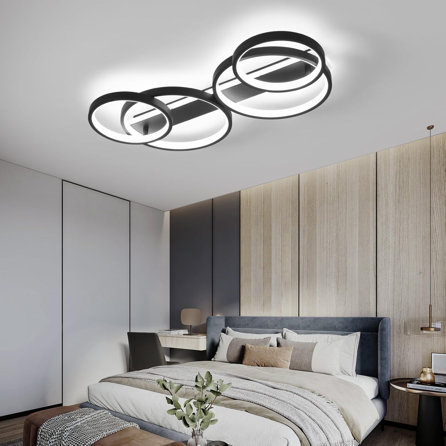 LED Ceiling Lamp, Dimmable Ceiling Light with Remote Control App, Adjustable Ring Shape Living Room Lamp 4 Bulbs Chandelier Lamp, 48 W 3000-6500 K Ceiling Lighting for Bedroom Living Room, Black, 86