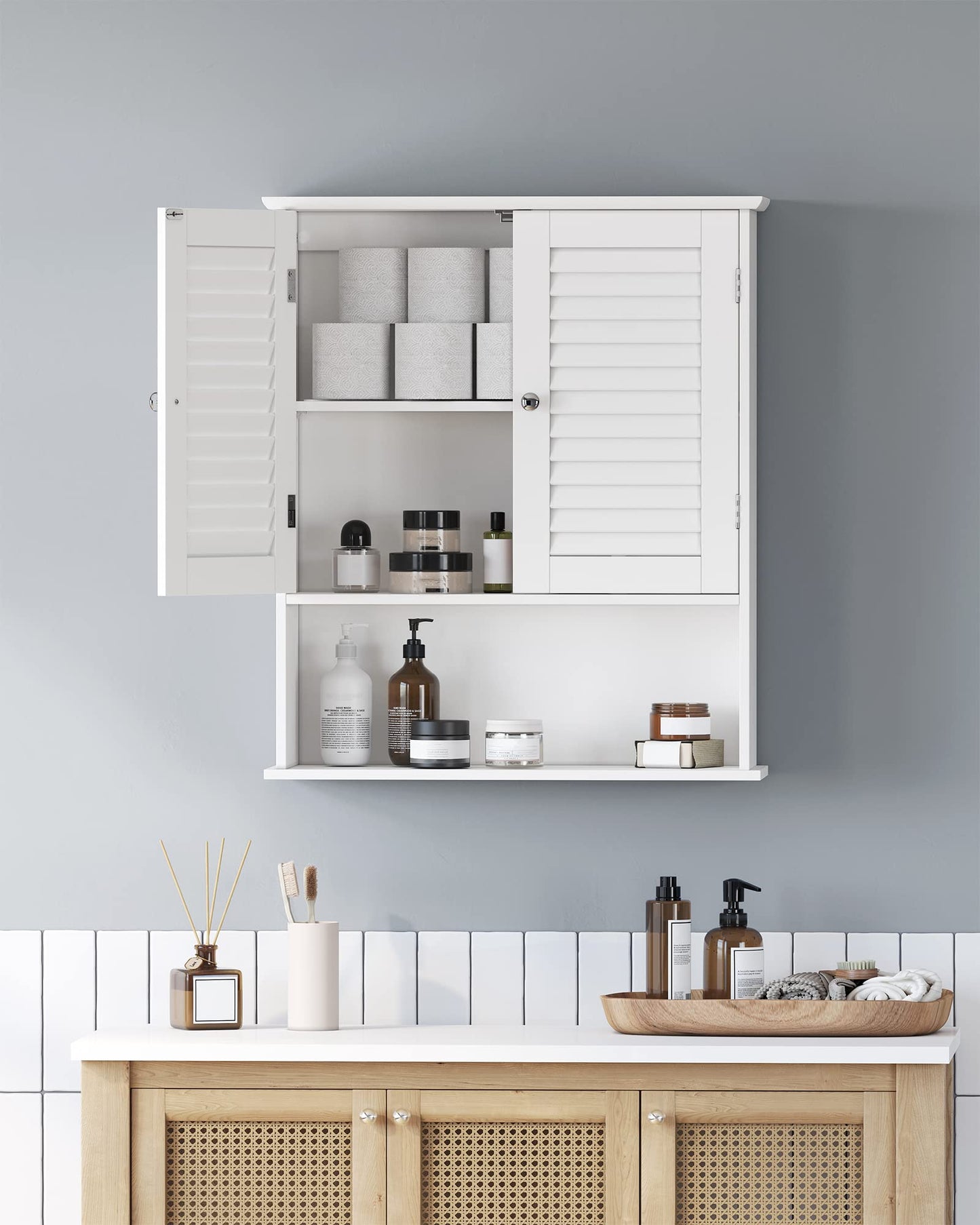 VASAGLE Wall Mounted Bathroom Cabinet, Medicine Cabinet with Height-Adjustable Shelf, Double Door, Open Compartment, 60 x 20 x 70 Cm, Wood, White, BBC27WT