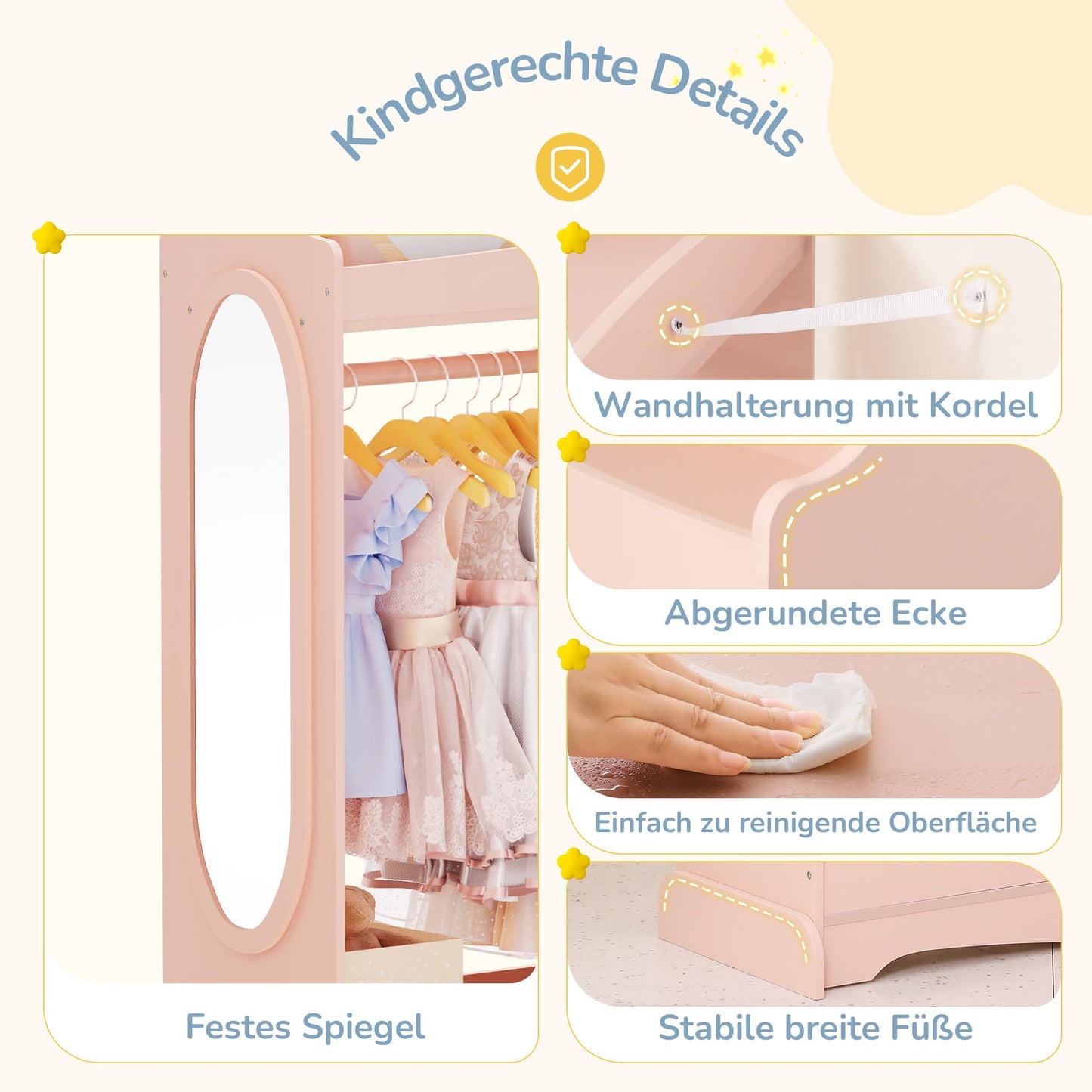 LUE BONA Children's Wardrobe with Mirror and Clothes Rail, Children's Coat Rack with 3 Hooks and 3 Open Shelves, Children's Wooden Wardrobe for Children's Room, 85 x 34 x 112 cm, White