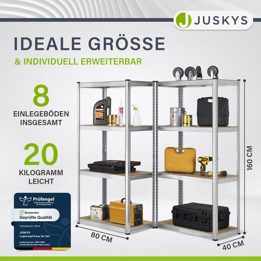 Juskys Easy Storage Shelves, Set of 2, 2 x 160 x 80 x 40 cm (H x W x D), 640 kg Load Capacity, 8 Shelves, Heavy Duty Metal Shelving, Basement Shelving Unit, Shelving System, Metal Shelf