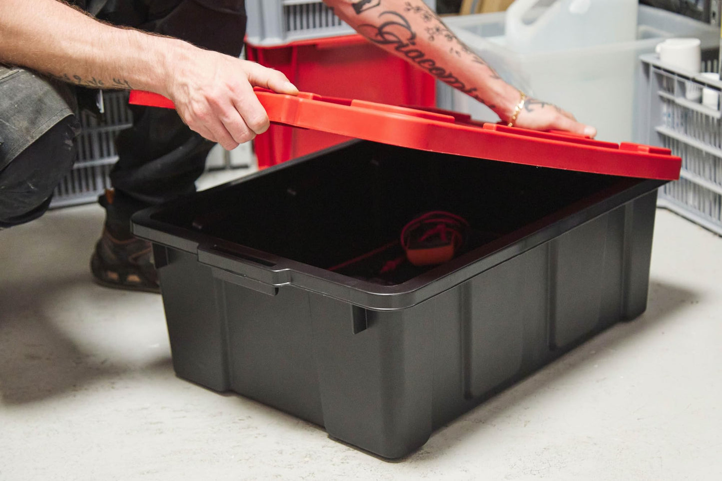 Iris Ohyama, 100L Plastic Storage Box with Heavy Duty Lid, Set of 2, Black, Stackable, Garage Shelves, Moving Moving Plastic Tool Box Storage Box UTB-27