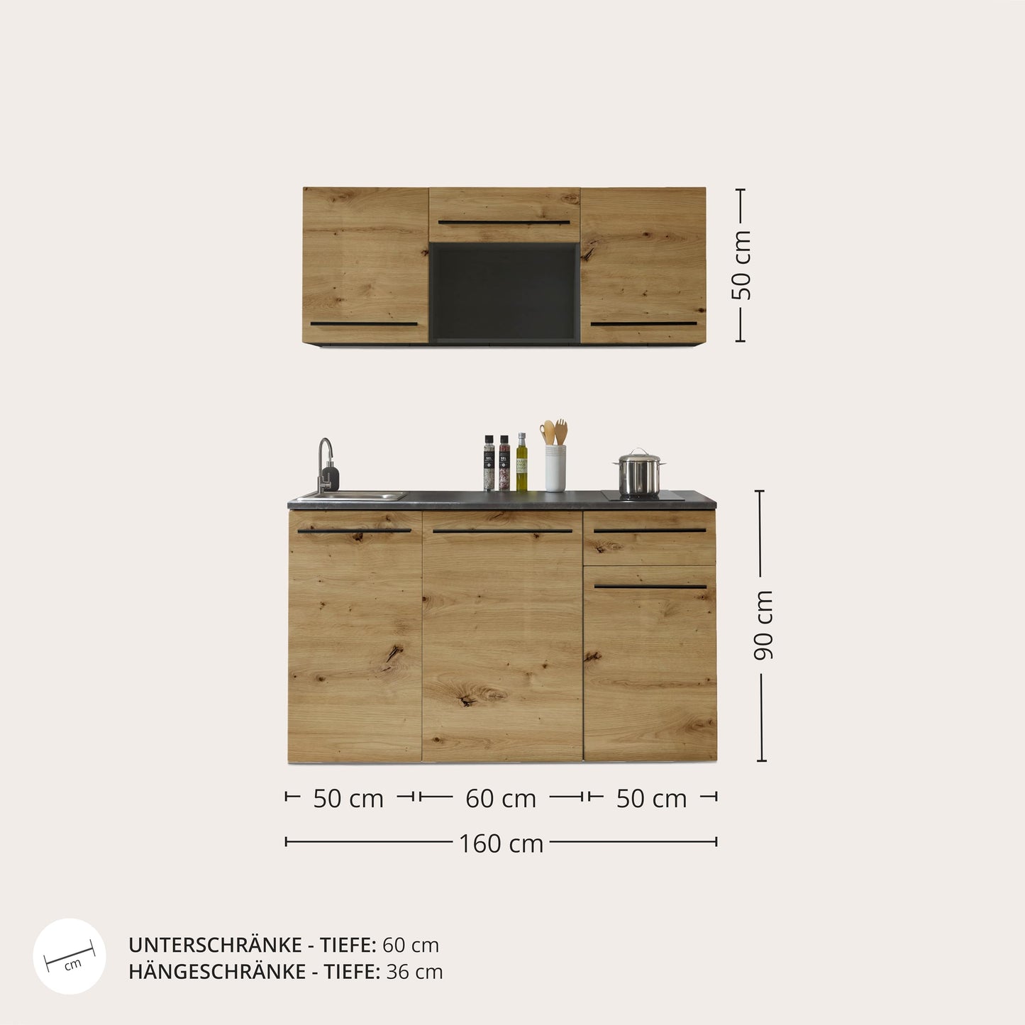 Jazz 84-240-Y6 Single Kitchen Unit Black / Artisan Oak Approx. 160 x 212 x 60 cm