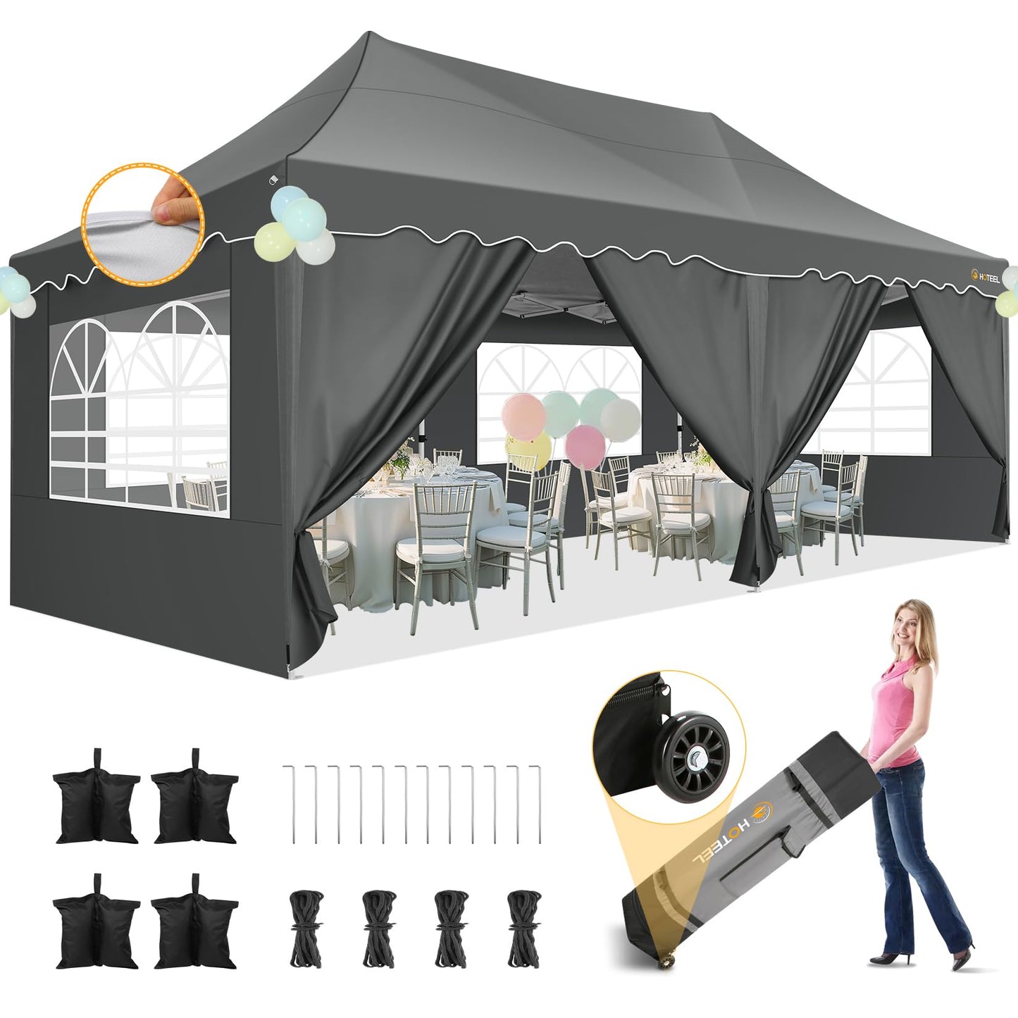 HOTEEL Gazebo 3 x 6 Waterproof Stable with 6 Removable Side Walls, Wave Hem Roof Party Tent 3 x 6 with Wheel Bag and 4 Sand Bags, Folding Gazebo 3 x 6 Parasol for Wedding Market (Grey)