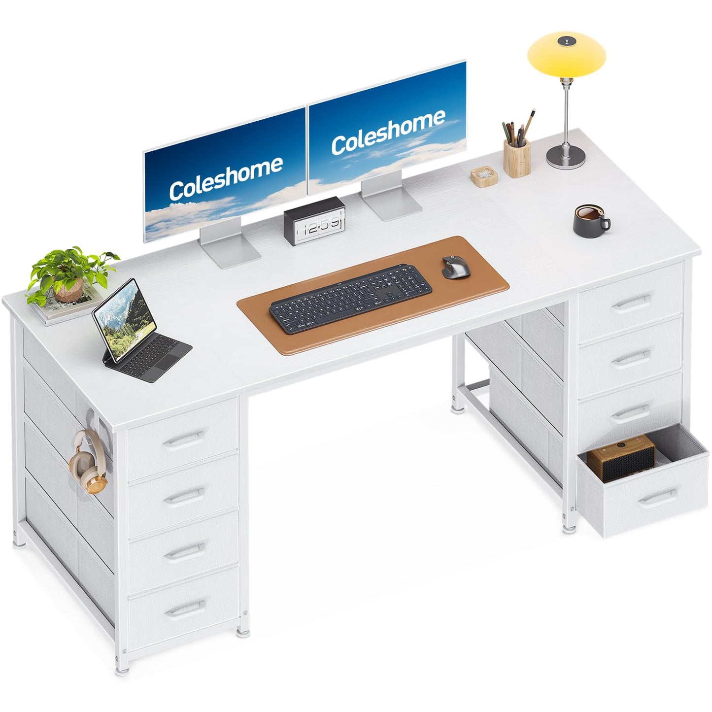 Coleshome Desk with 8 Fabric Drawers, 120 x 48 cm, Desk with Storage Space, Computer Desk with Headphones, Office Table, PC Table, Office Table for Office, Living Room, Home Office, Brown