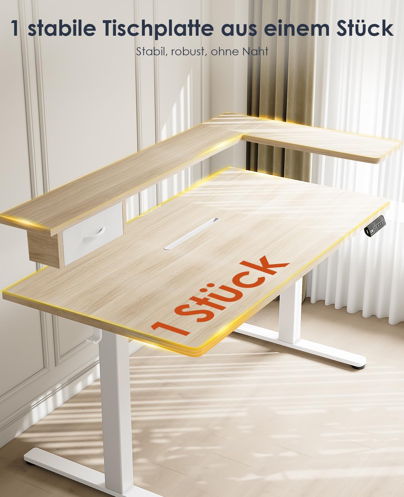 OffiGo Height Adjustable Electric Desk with Drawer and USB, 120 x 60 cm Complete Plate, Ergonomic Standing Seat Table, Computer Desk, Maple