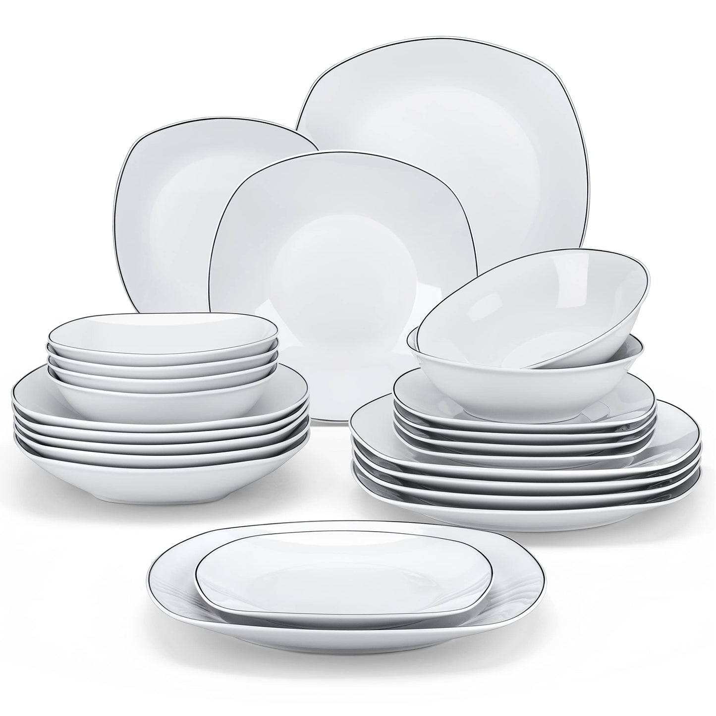 MALACASA Elisa Series Crockery Set for 12 People, 48-Piece Plate Set, Dinner Service Set with 12 Soup Plates, 12 Cake Plates, 12 Dinner Plates and 12 Cereal Bowls, Porcelain Crockery Set in Light Grey