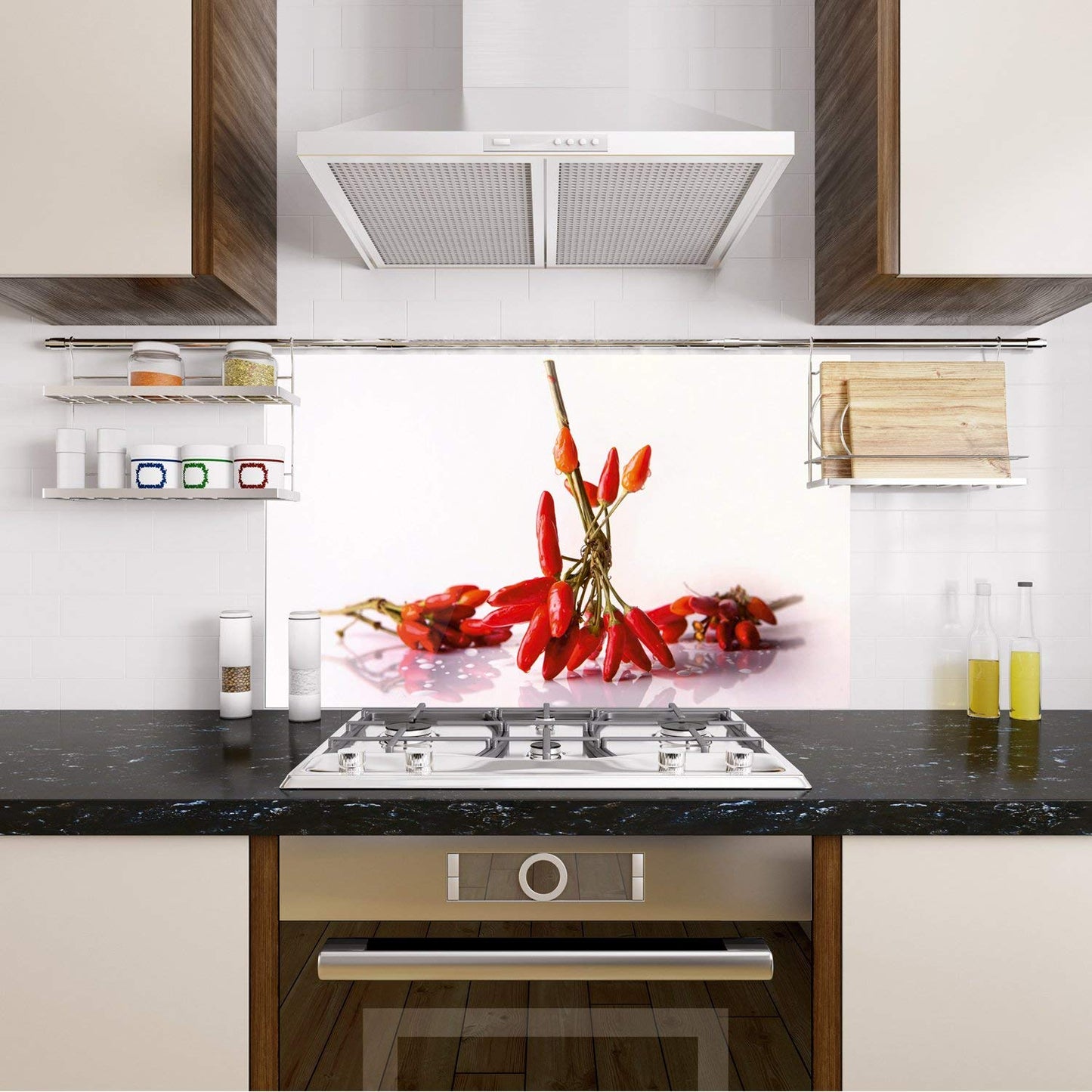 GRAZDesign Kitchen Back Wall Glass Chili Splash Guard Stove Print Behind Glass Picture Motif Spices Back Wall Kitchen Glass Plate with Kitchen Motif 60 x 60 cm