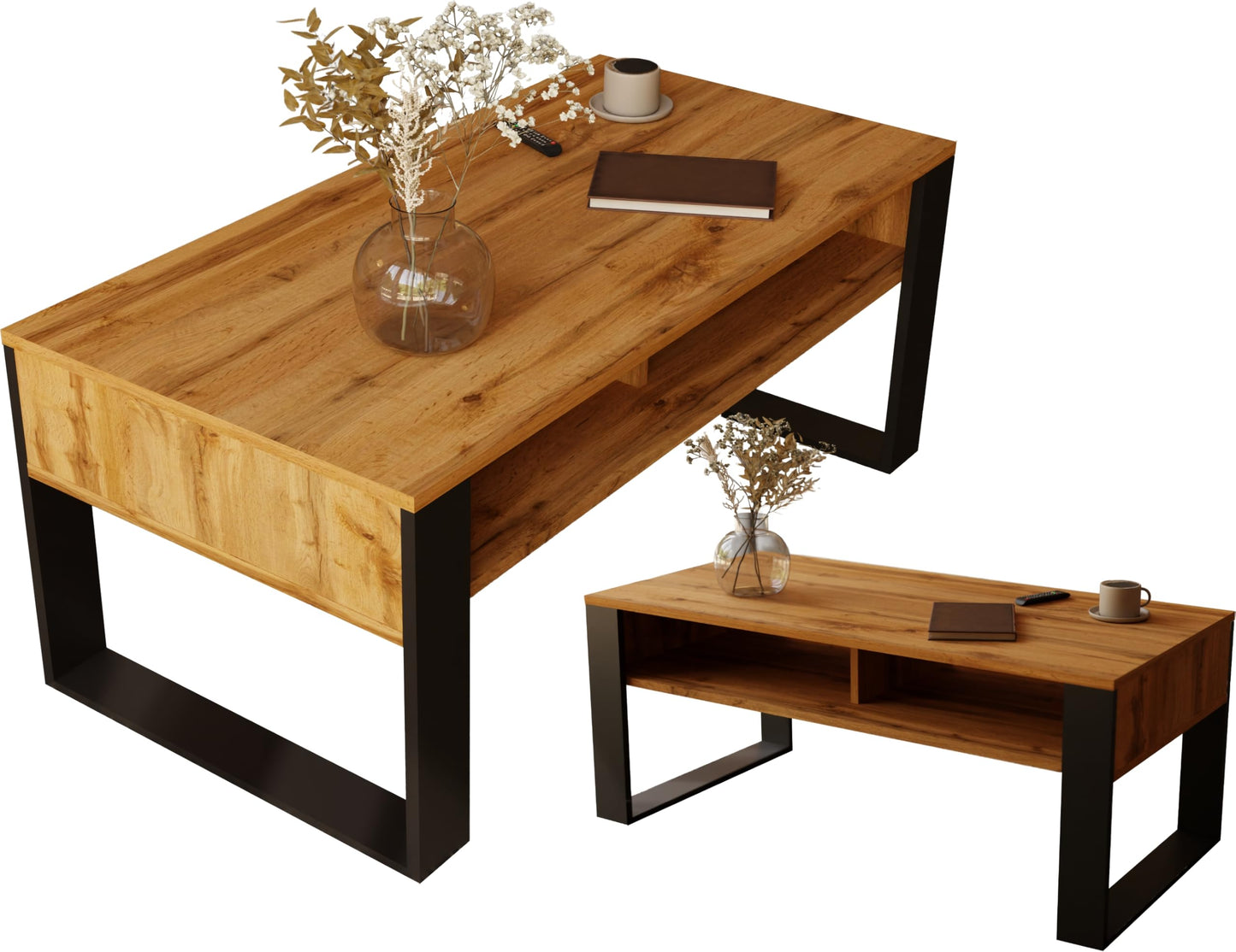 Artisan Coffee Table, Retro Loft Bench, Open Double Shelf, Skate Legs, Ideal for Coffee Get-Togethers, Laminated Top, Large Surface, Guaranteed Stability, White 3