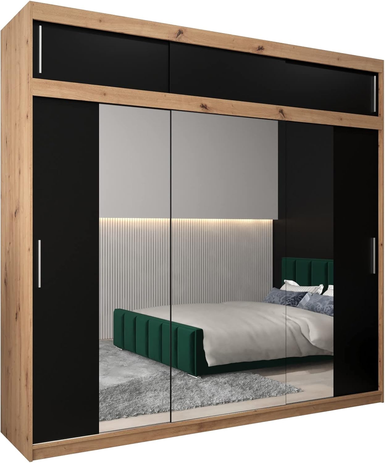 MEBLE KRYSPOL Kleiderschrank mit Spiegel Tokyo 2 - Garderobenschrank - Schrank Schlafzimmer - Mehrzweckschrank DREI Schiebetüren - Regalen - Flur Möbel - Kleiderstange Schrank - Allzweckschrank