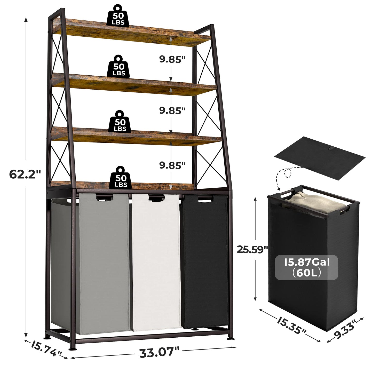 Herture Laundry Basket 3 Compartments Laundry Hamper with 4 Shelves Laundry Basket Removable Laundry Bags Large 3 x 60L for Laundry Room Bathroom Ink Black Vintage Brown PF05XLN