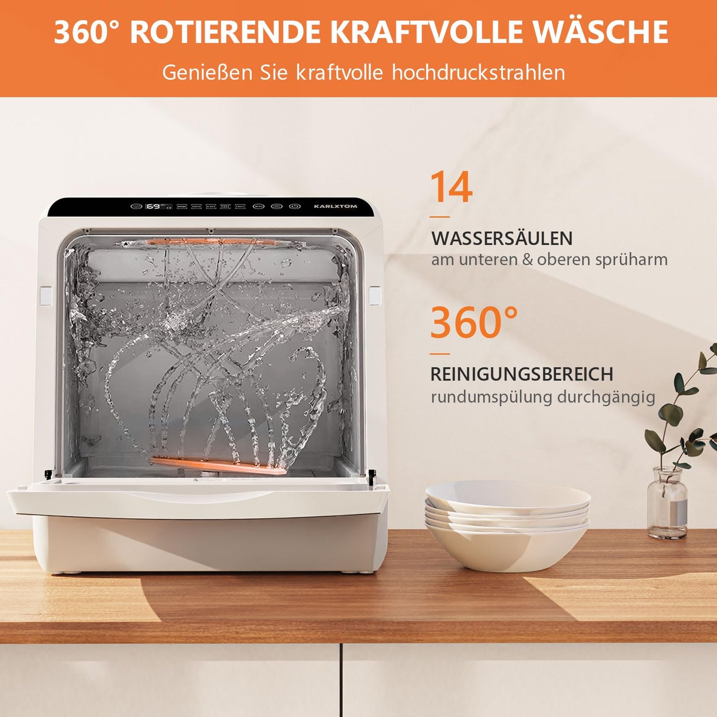 Karlxtom TDQR03A Mini Dishwasher, 6 Programmes Freestanding Table Dishwasher, Dishwasher with 2 Water Supply Modes, Car Drying, Perfect for Small Families and Couples
