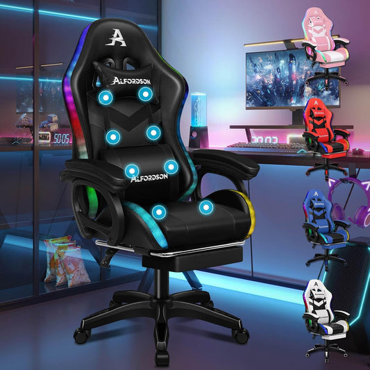ALFORDSON Racing Gaming Stuhl, Massage Gamer Stuhl mit 12 LED Farben RGB Beleuchtung, Ergonomischer Sessel mit Lordosenstütze, Liegestuhl mit Fußstütze, PU Leder, Schwarz