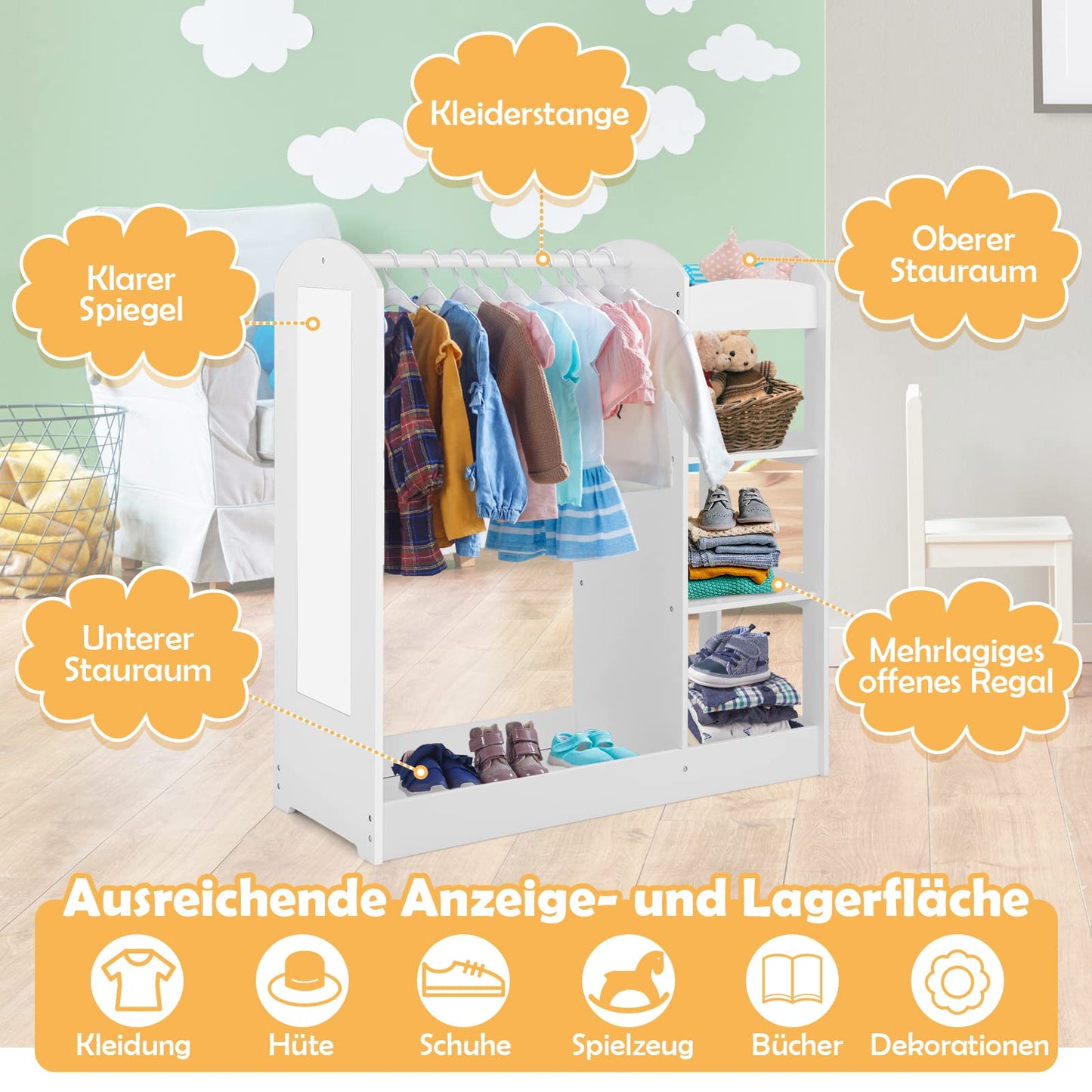 DREAMADE Children's Wardrobe with Mirror and Clothes Rail, Children's Wardrobe with 4 Open Shelves, Children's Clothes Rack for Children's Room, 93.5 x 38 x 100 cm (White)