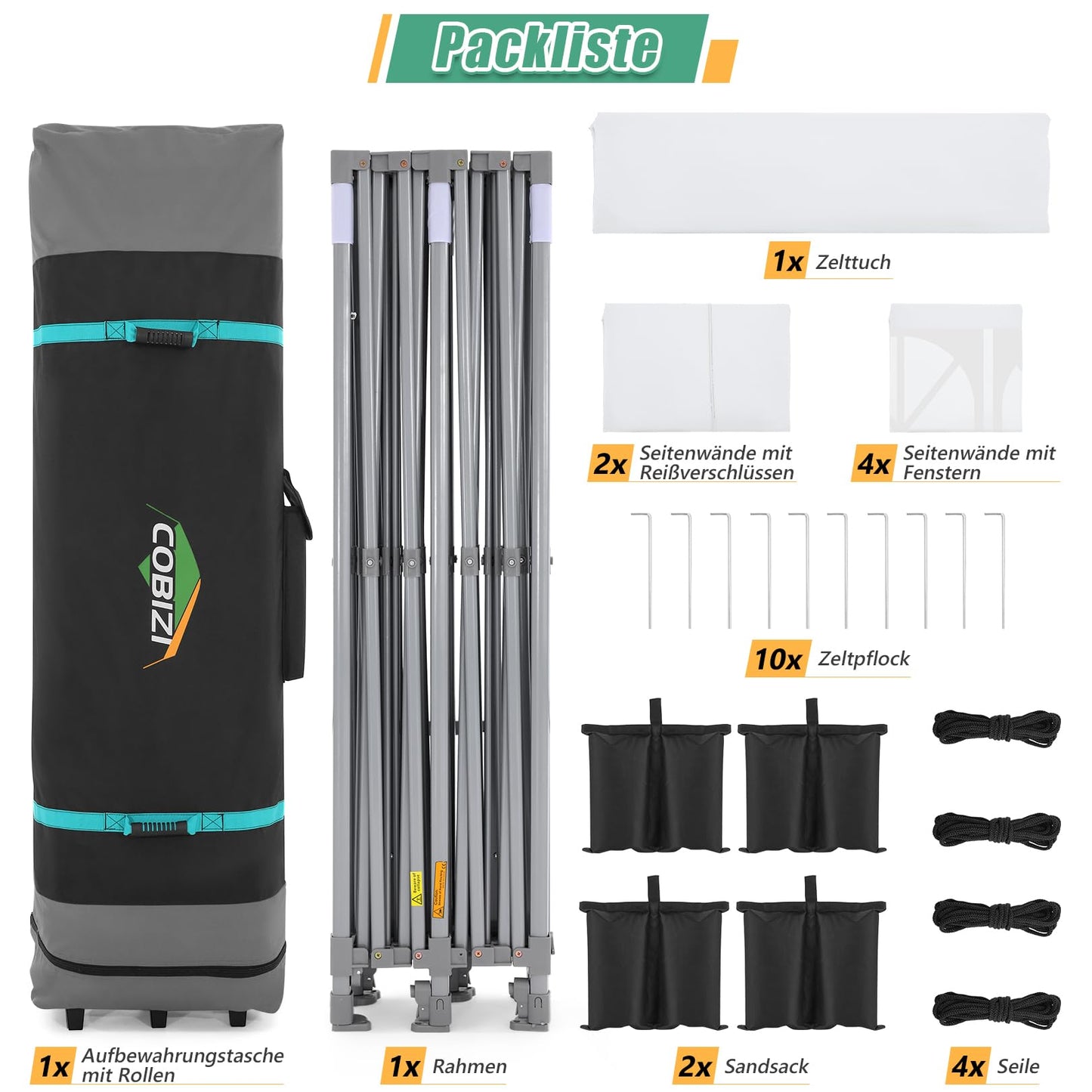 COBIZI Pavillon Faltpavillon 3x3 wasserdicht stabil Winterfest,Outdoor faltbar partyzelt，gartenpavillon mit 4 Seitenteilen und 4 Sandsack und Laufradtasche, Schwarz