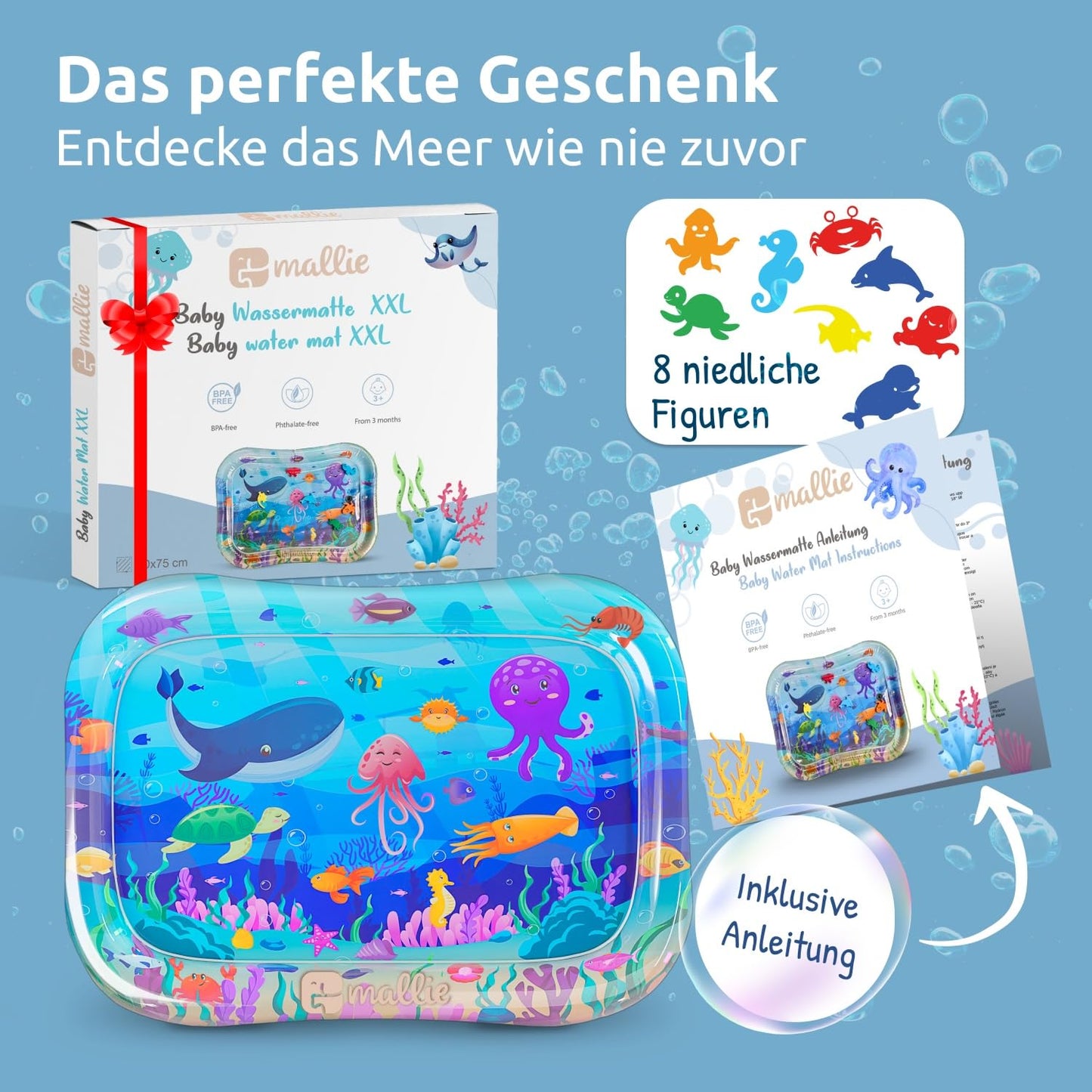 Mallie® Wassermatte Baby 66x50 CM [100% BPA & Schadstoff-Frei] ab 3, 6 und 9 Monate im Ozean Blau Design I Baby Spielzeug, Spielzeug Ab 6 Monate als Wassermatte Baby und Baby Spielzeug 6 Monate