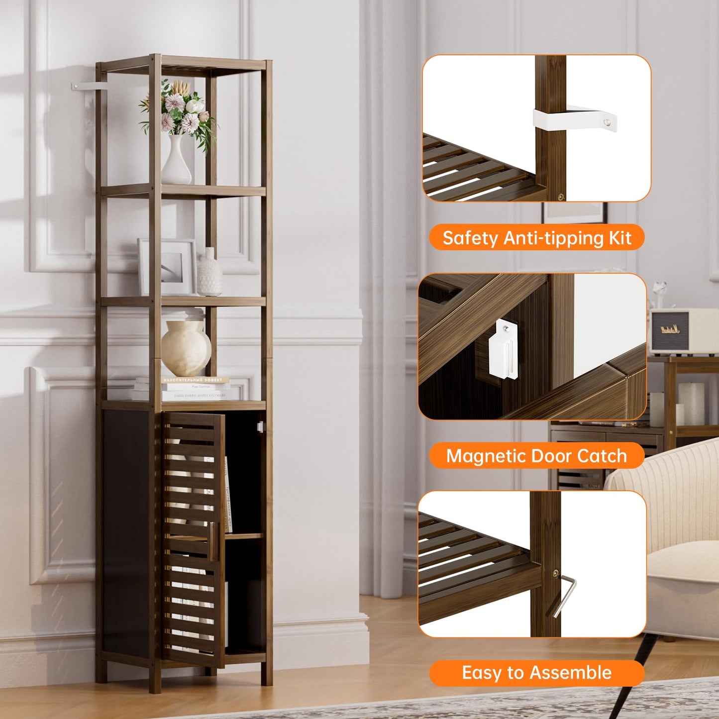 HITNET Bathroom Cabinet Bamboo Black Bathroom Cabinet Tall Cabinet Narrow Freestanding Floor Standing with Open Shelf and Single Door