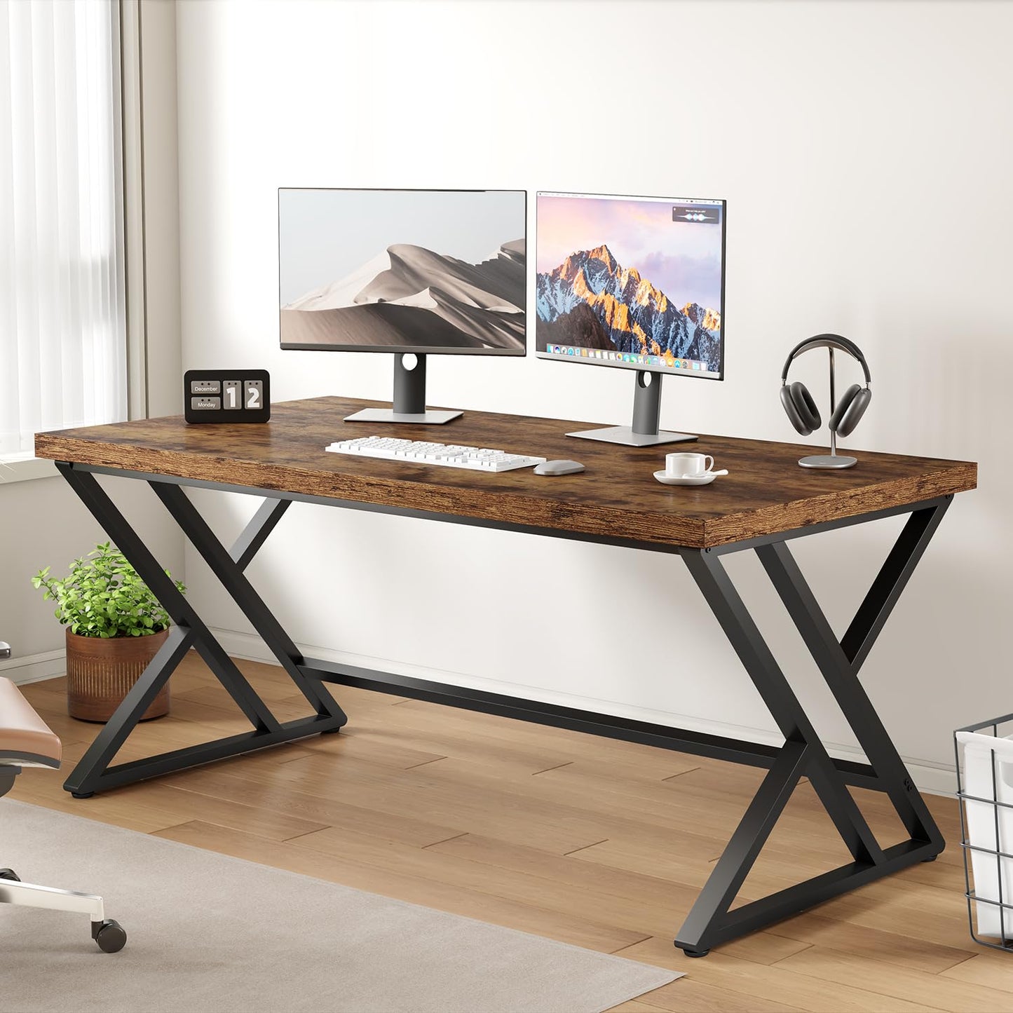 LVB Modern Computer Desk Industrial Home Office with Storage Space Metal Wood Desk Study Computer Desk for Bedroom Simple Gaming Desk Rustic Brown