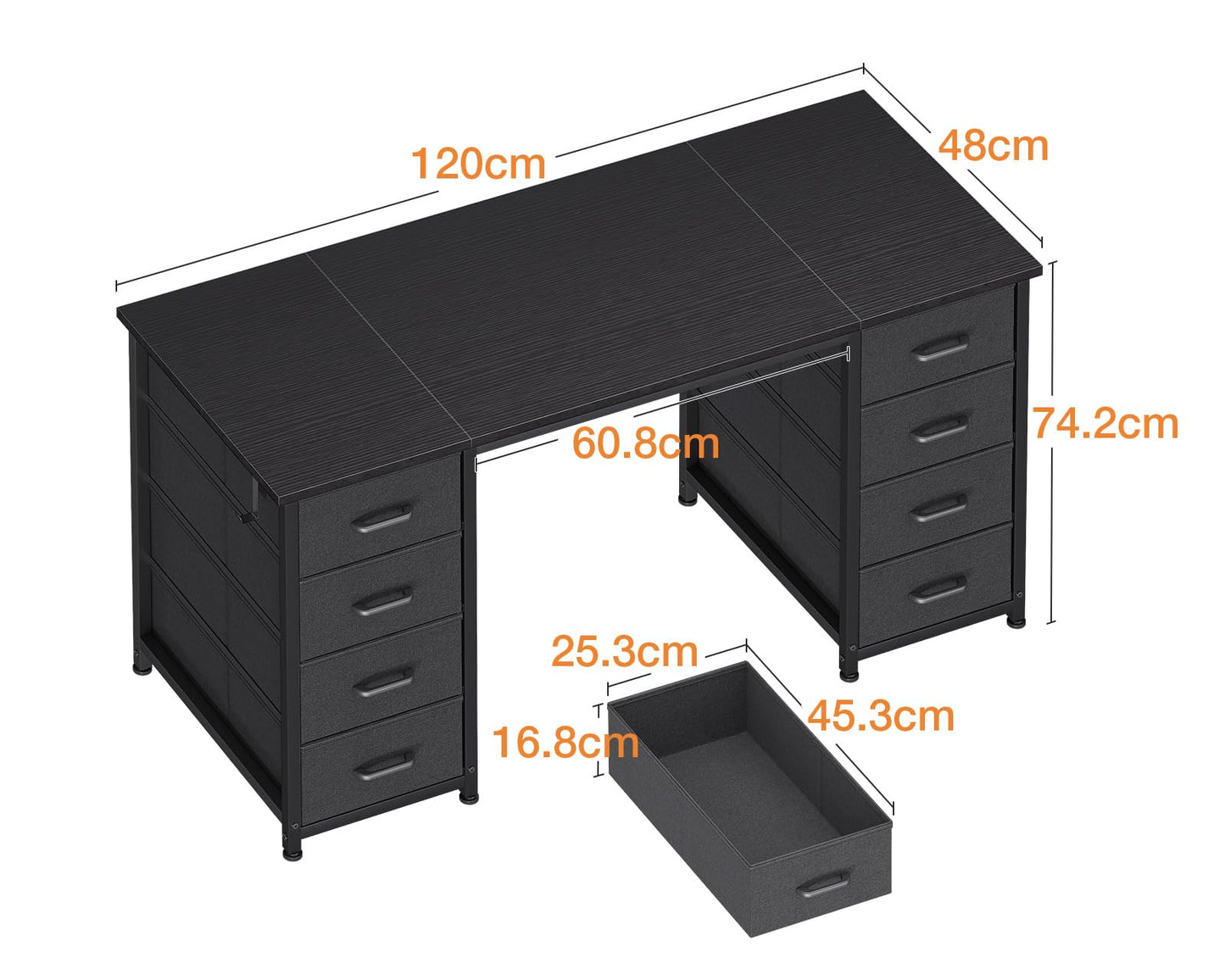 Coleshome Desk with 8 Fabric Drawers, 120 x 48 cm, Desk with Storage Space, Computer Desk with Headphones, Office Table, PC Table, Office Table for Office, Living Room, Home Office, Brown
