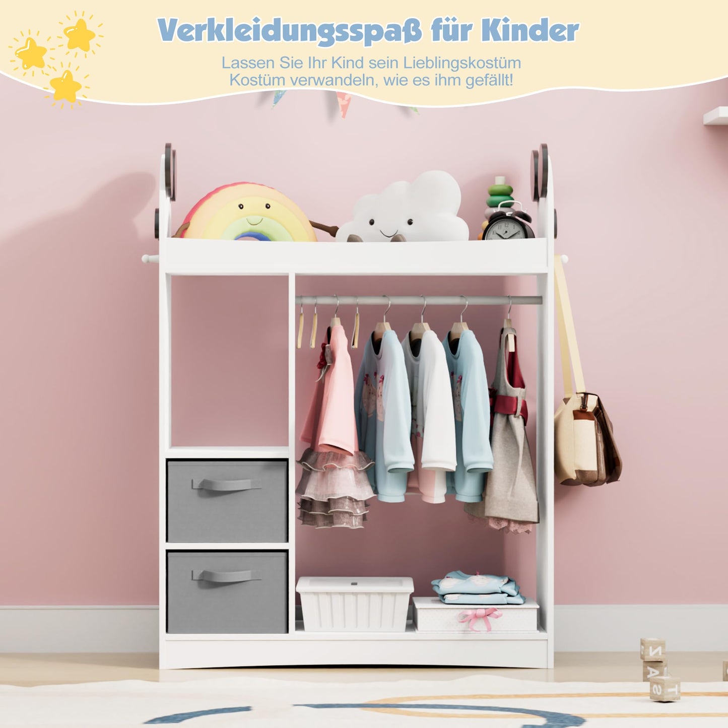 Children's Clothes Rack with Mirror, Clothes Rail with Shelves, Children's Wardrobe Wood, Children's Shelf for Children's Room, 81 x 28 x 106.5 cm (Clouds with 2 Drawers, White)