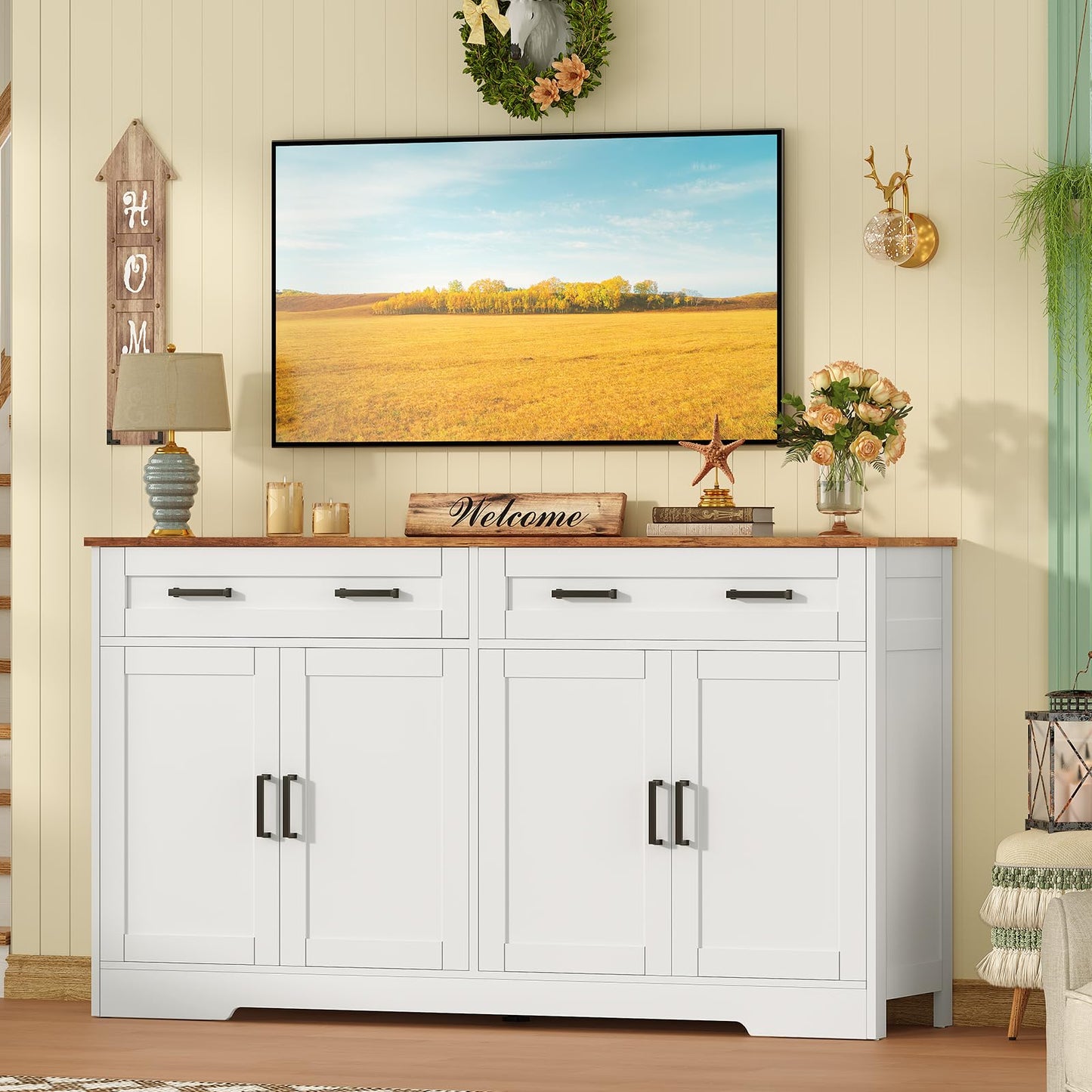 TEENFON 140 cm (W) Sideboard, 80 cm (H) Kitchen Cabinet with Worktop, Buffet Cabinet with 2 Drawers & Adjustable Shelves, Kitchen Unit for Kitchen, Living Room & Hallway - 140 x 40 x 80 cm - White