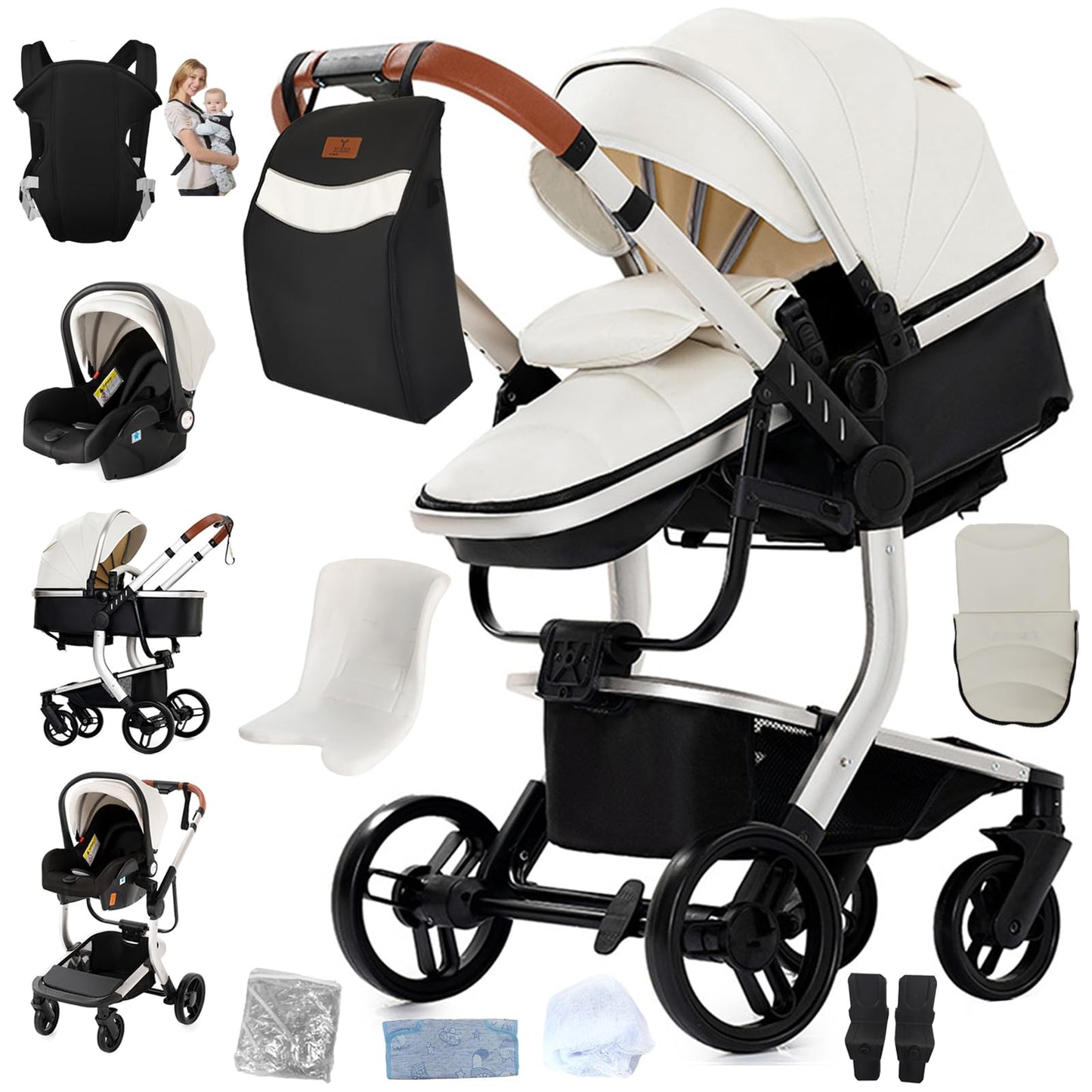 Doraystar 360° Rotation PU Leather Pushchair 3-in-1 Combination Pushchair 3-in-1 with Two Reversible Sliding Modes, Pushchair Complete Set with One-Click Folding Design, Aluminium Alloy Frame (906