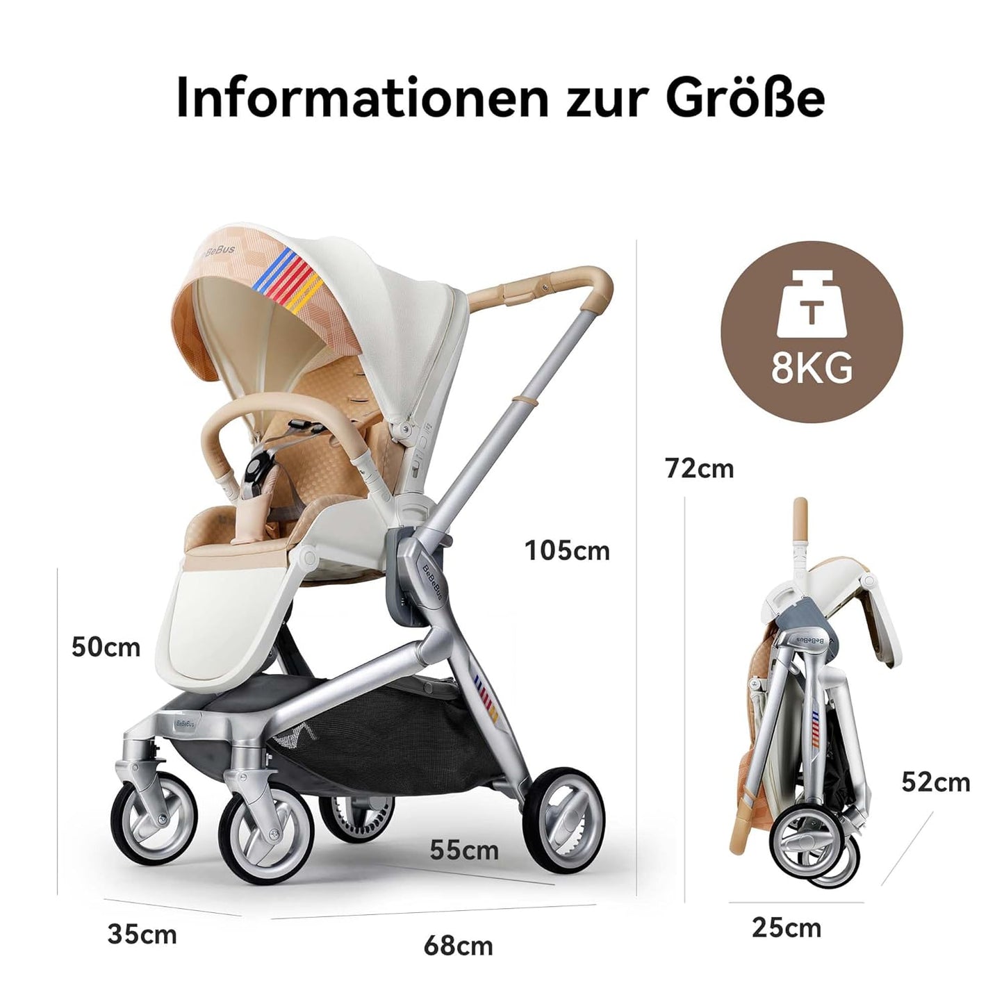 Bebebus Folding Compact Pushchair 4 Wheel Padded Pushchair Multi-Function Adjustable in Both Directions Foldable Suitable for Babies from Birth to 22kg