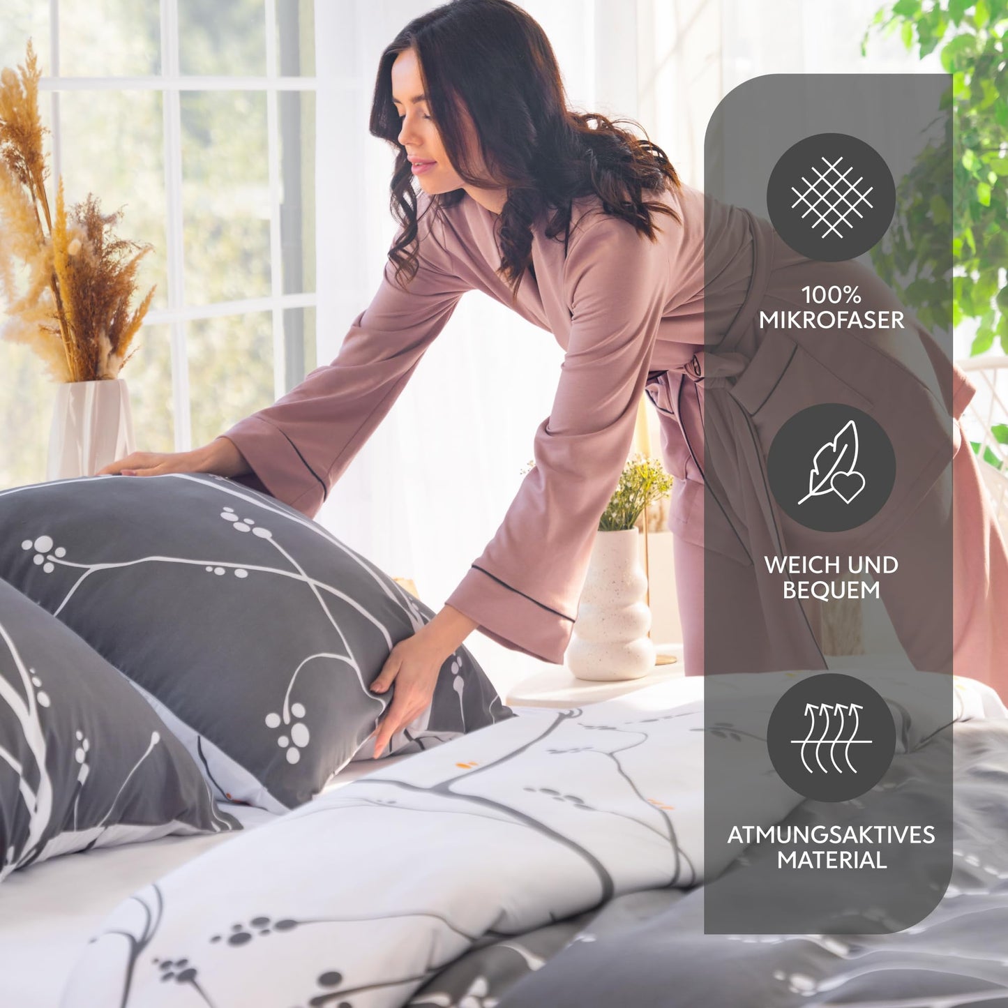 Dreamzie Bed Linen Set 155 x 220 cm with 2 Pillowcases 80 x 80 cm, Botanic Motif Sage Green, Adult Bed Linen, 155 x 220 cm, Made of 100% Microfibre, Certified, No Chemicals (OEKO TEX)