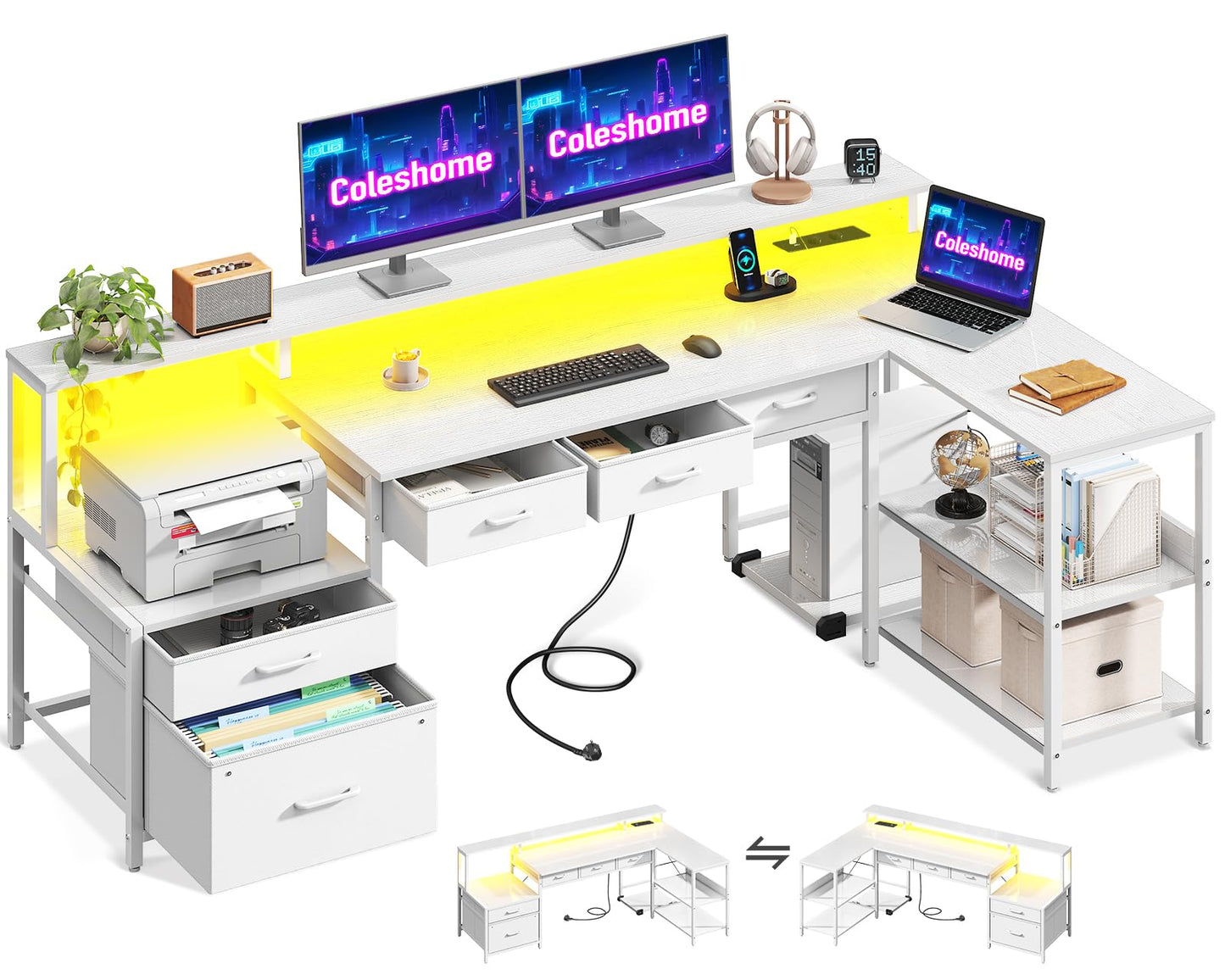 Coleshome L Shape Desk with Drawers, 195 x 100 cm Gaming Table with Socket, LED & Monitor Stand, Reversible Corner Desk with Storage Space, Computer Desk with Shelf for Office, Black