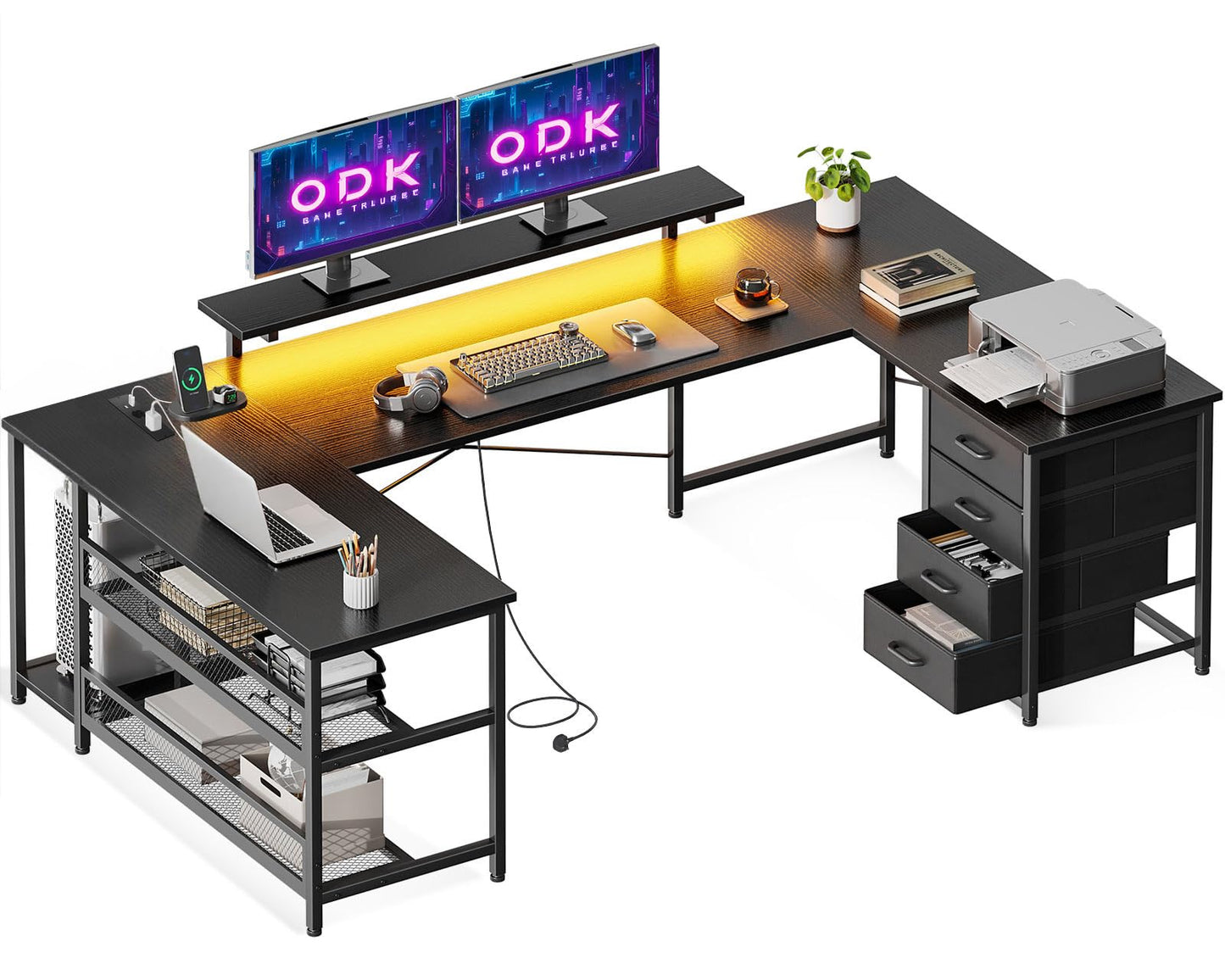 ODK Corner Desk with 4 Drawers and Storage Space, 167 x 102 cm Reversible Corner Desk with 2 Sockets and 2 USB Charging Ports, Gaming Desk with LED and Monitor Stand for Home Office, Black