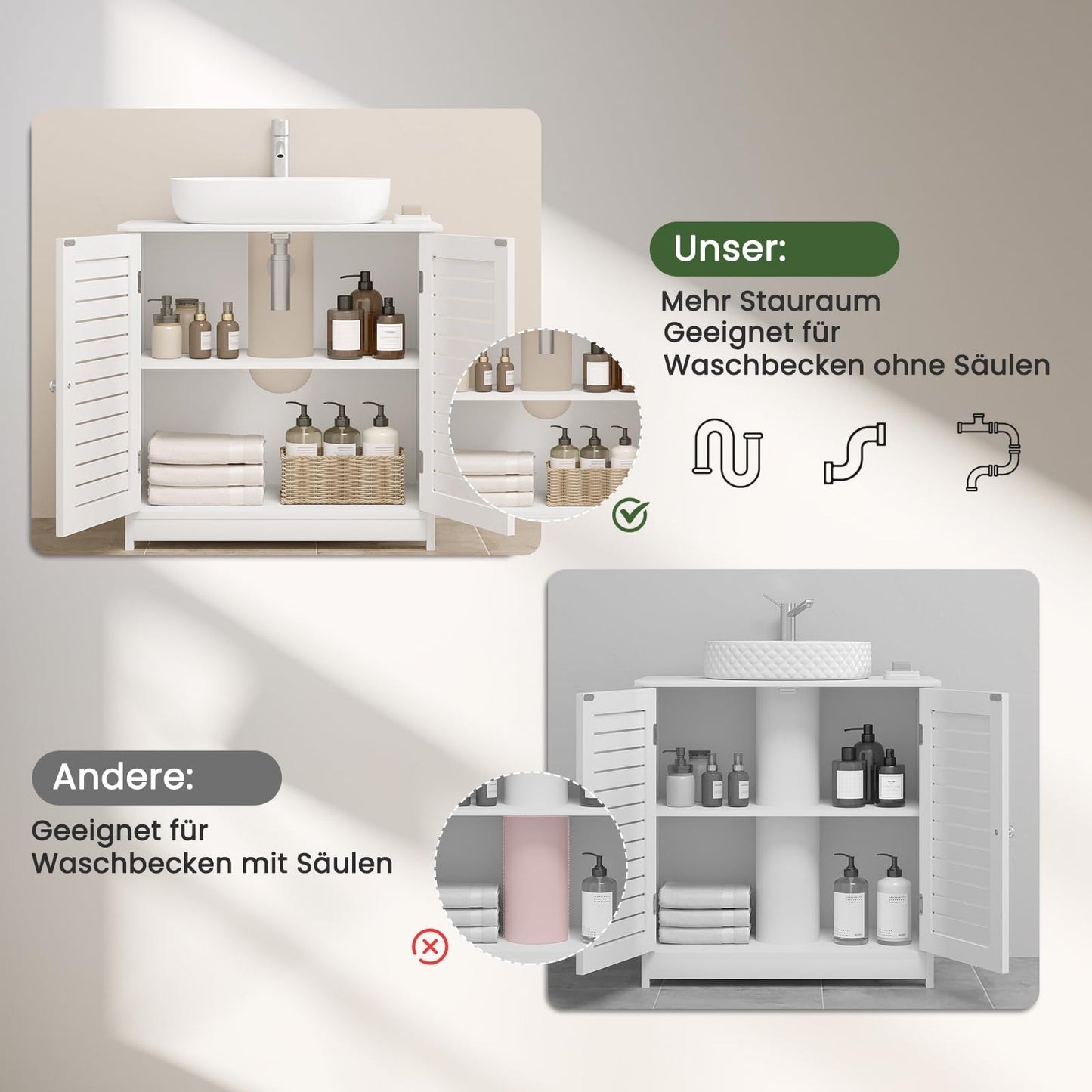 EUGAD Under Basin Vanity Unit Bathroom Cupboard with 2 Doors 60 x 30 x 60 cm, Bamboo