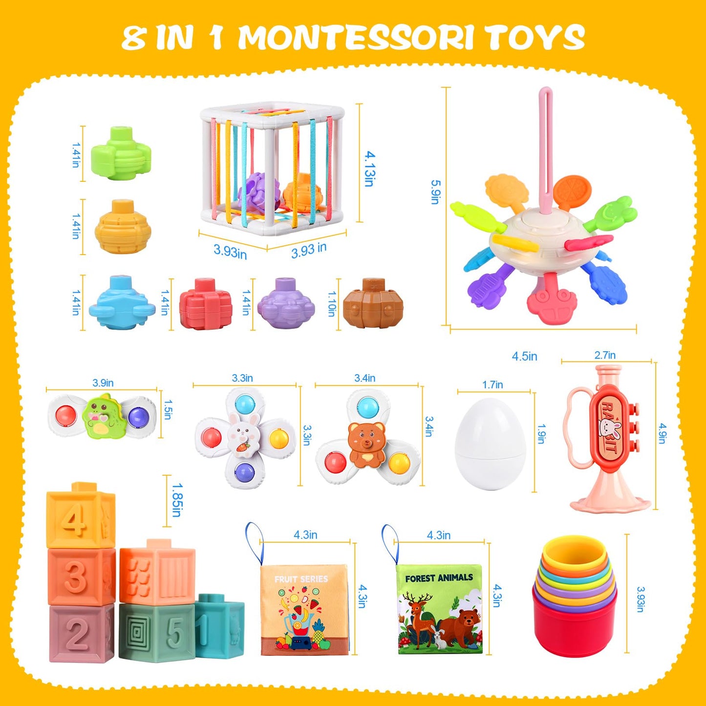 Richday Montessori Spielzeug Baby,Baby Spielzeug 6 Monate,8 in 1 Montessori Motorikspielzeug Stapeln Baublöcke Sensorischer Lernspielzeug für Kleinkinder Passende Eier, Saugnapf-Kreiselspielzeug