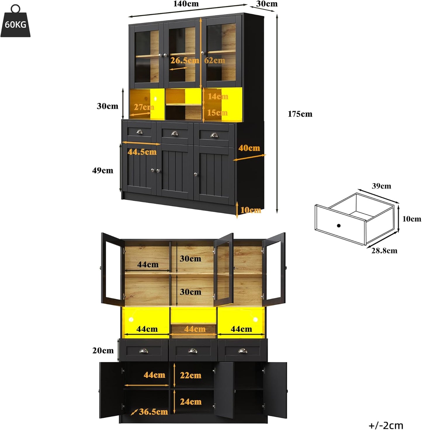Dolamaní Kitchen Cabinet Buffet Cabinet 140 x 40 x 175 cm with LED More Storage Space for Kitchen, Buffet with Worktop & Adjustable Shelf, Display Cabinet with 3 Drawers with 6 Doors (Black)