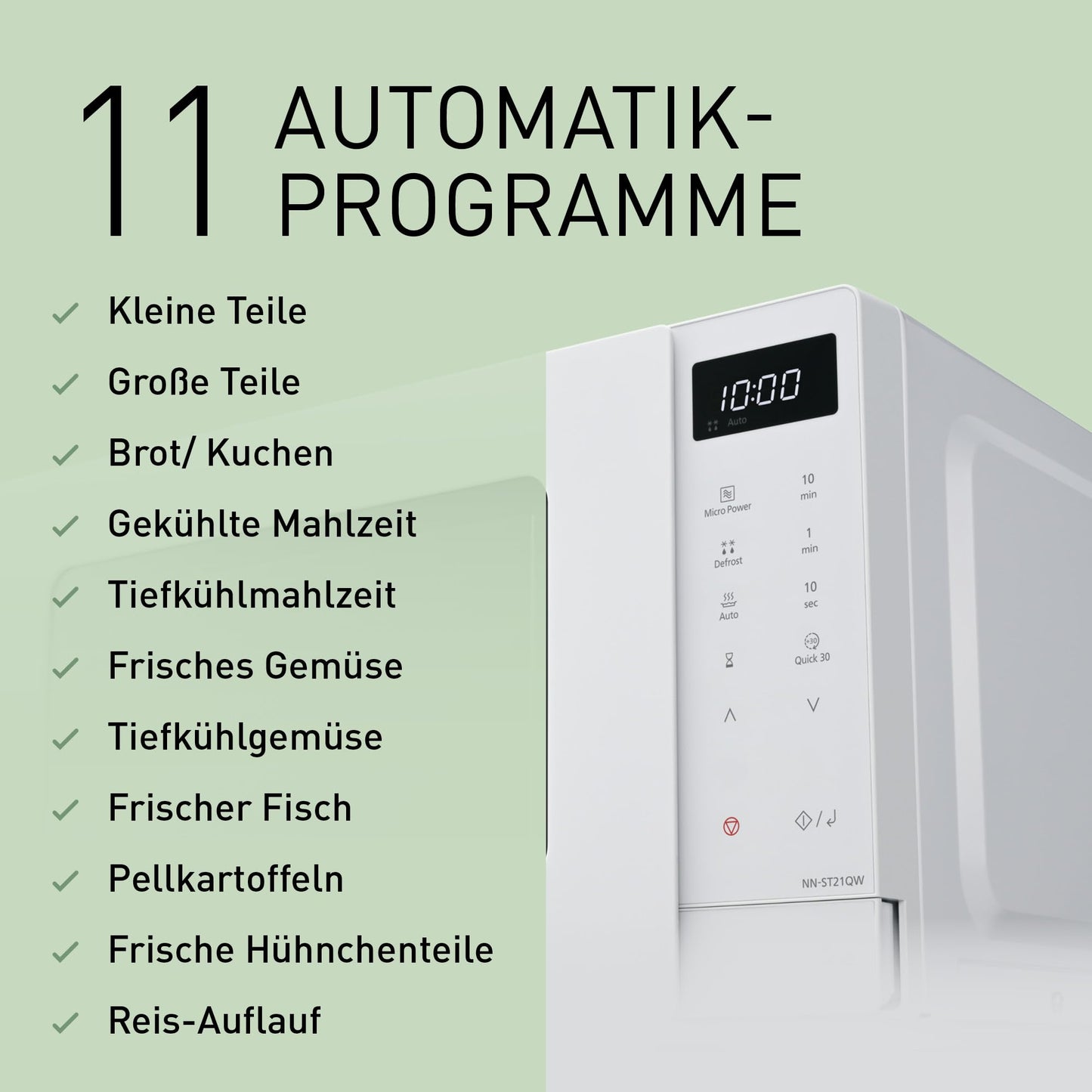 Panasonic NN-ST21QWEPG 20L Solo Microwave with Turntable, 800W, Automatic Defrost, 11 Automatic Programmes, LED Display, 5 Power Levels, Digital Timer, White