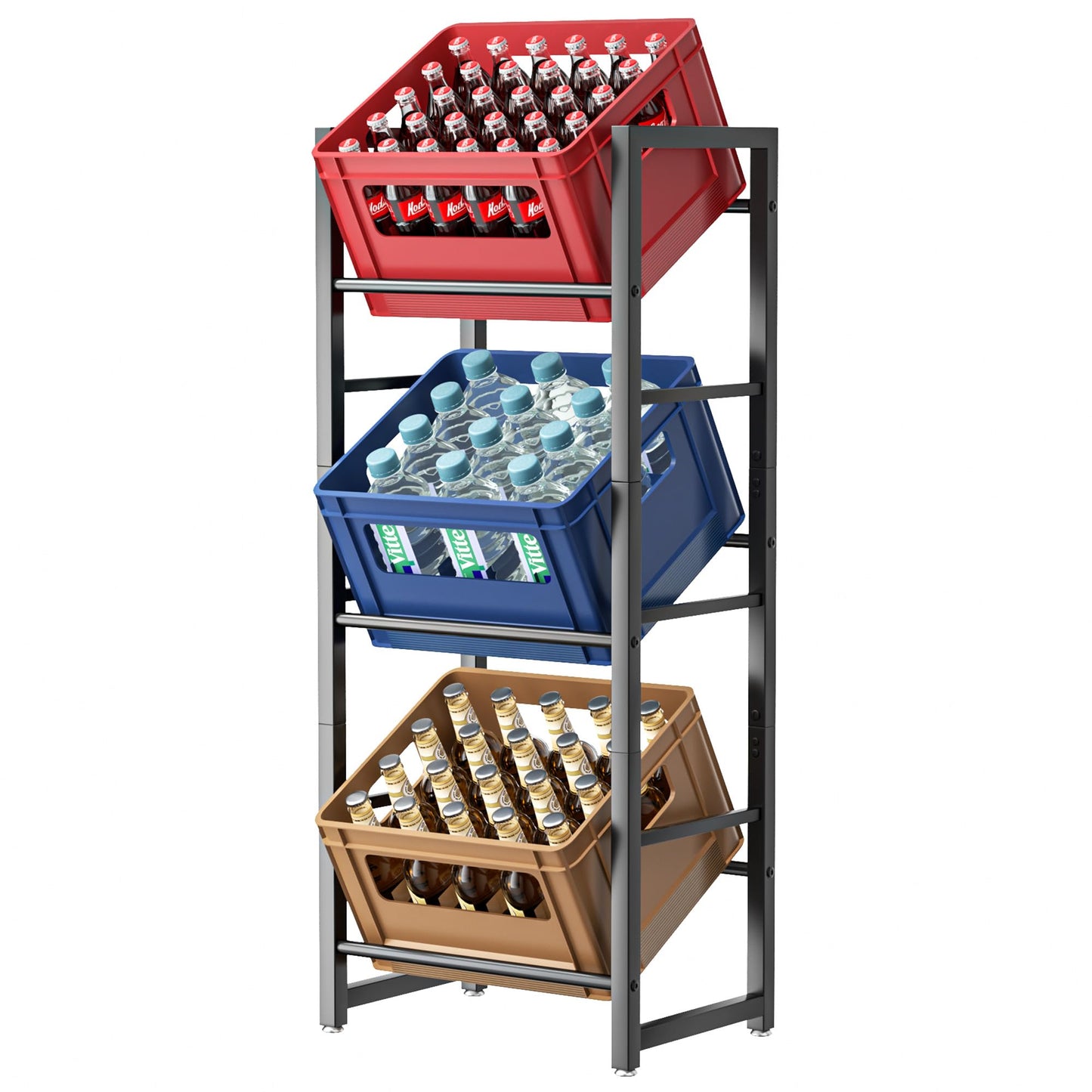Getränkekistenregal für 3 Getränkekisten - Schwarz Metall Getränkeregal, Stabil & Platzsparend Kistenregal mit 3 Ebenen für Bier, Obst, Gemüse, Wasser - Für Wohnzimmer, Küche & Keller
