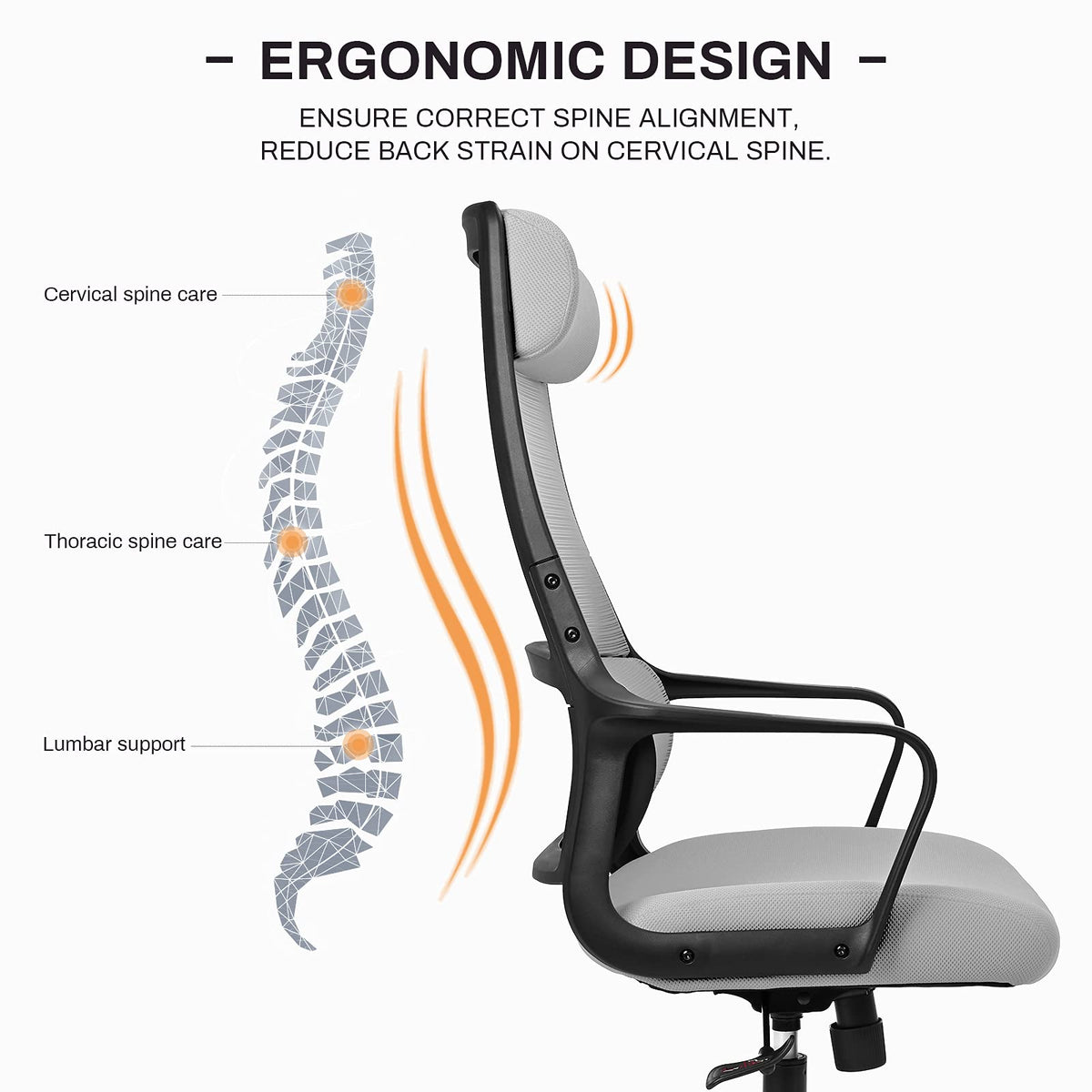Ergonomic Office Chair with Height Adjustable Headrest, High Back, Lumbar Support, Silent Casters, Heavy Duty Chair for Conference Workspace Area, EN1335 Standard (Grey)