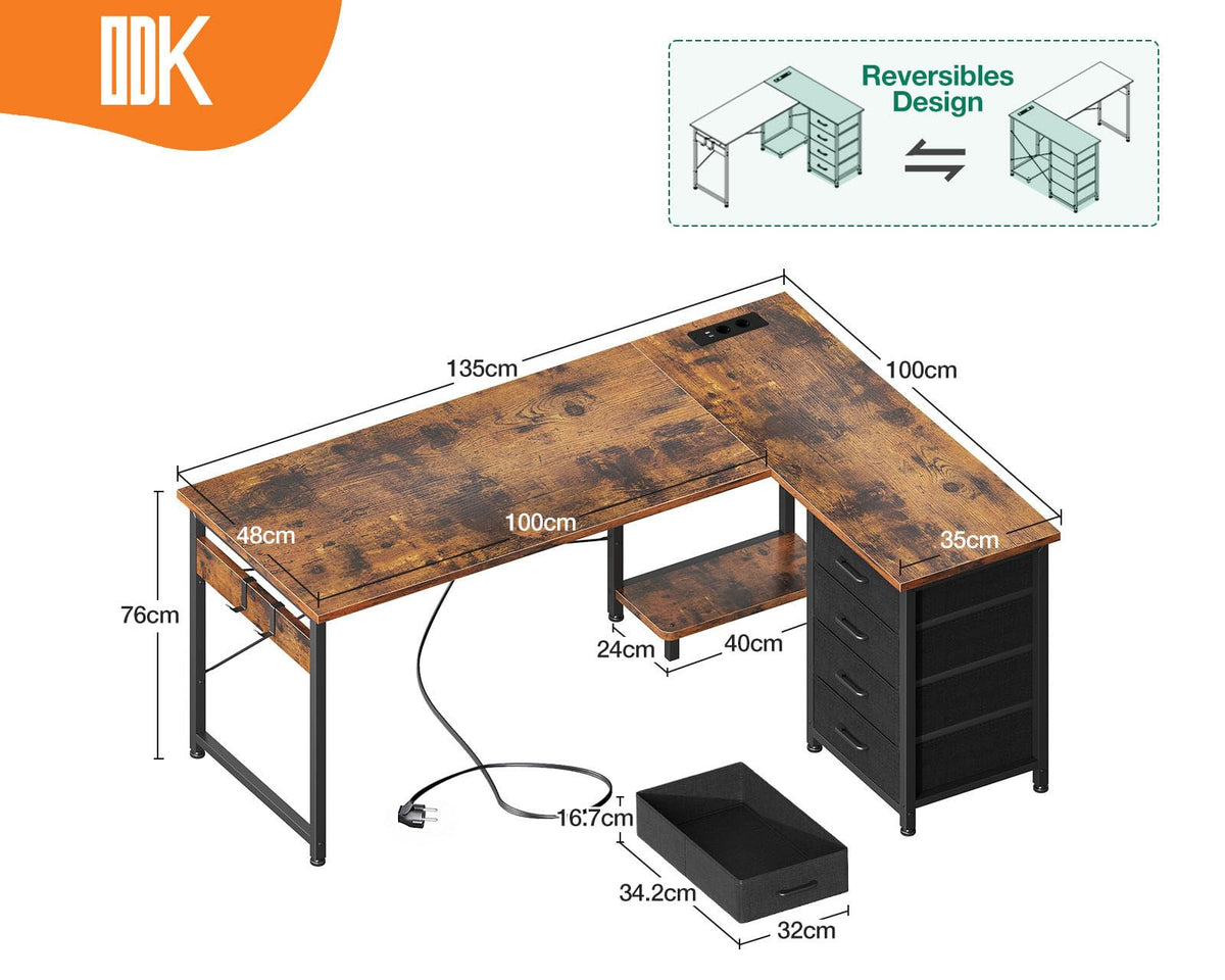 ODK Corner Desk with 4 Drawers, 155 x 110 cm, L Shape Desk with Socket and USB Charging Port, Reversible Desk with Storage Space for Office, Study, Bedroom, Vintage Brown