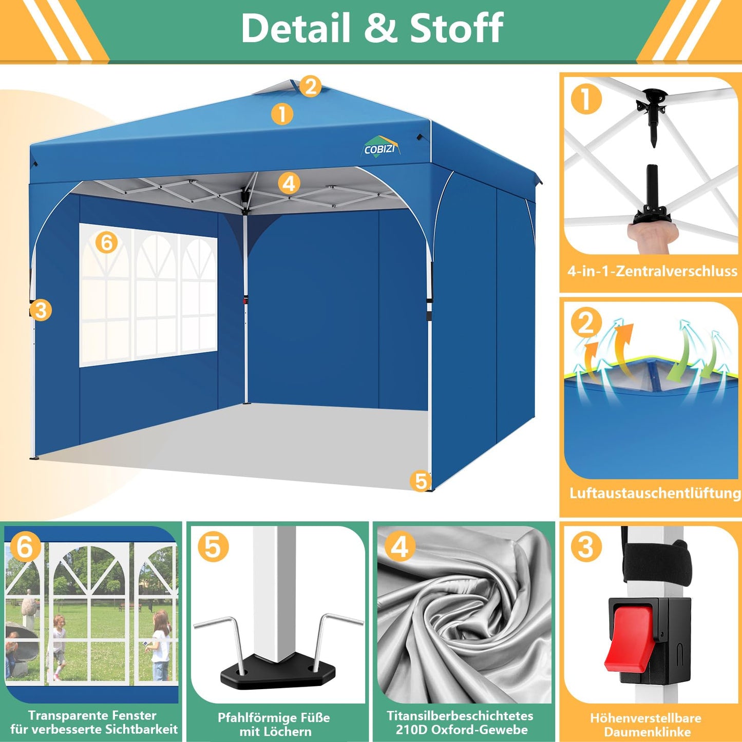 COBIZI Faltpavillon 3x6 Pavillon wasserdicht Winterfest, Ein-Tasten-Zentralverriegelung Partyzelt Faltbar Anti-UV mit 6 Seitenwänden, Gartenpavillon mit Leuchtstreifen für Hochzeiten, Freien, Garten