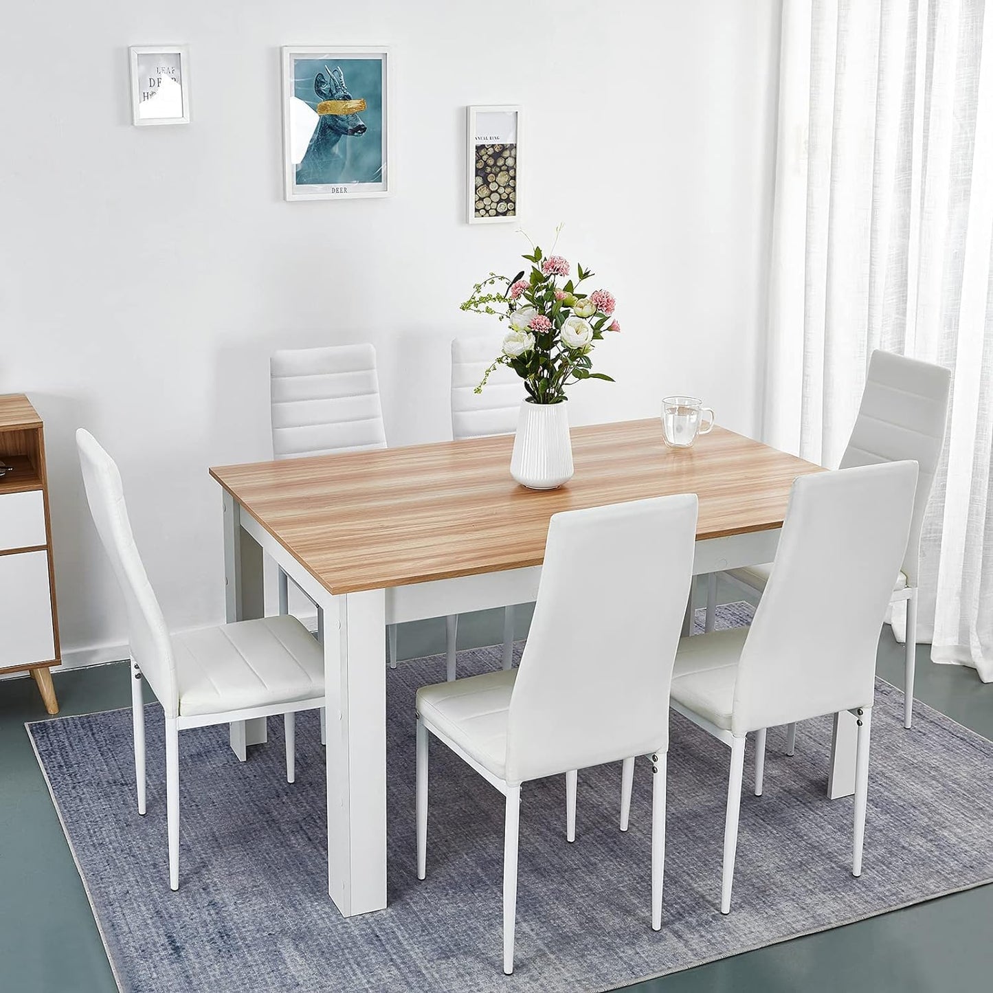 Mondeer Esstisch mit 6 Stühlen Set, Essgruppe mit Hochlehner Kunstleder Stuhl für Küche Esszimmer Wohnzimmer, W138 x D90 x H75 cm, Weiß und Grau