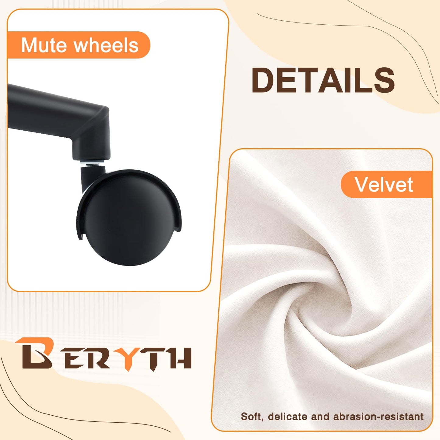 BERYTH Office Chair Home Office Velvet Dressing Table Chair up to 136 kg Load Capacity Ergonomic Height Adjustable Swivel Chair 360° Rotating Desk Chair Quiet Wheels Study Room Bedroom Home Office