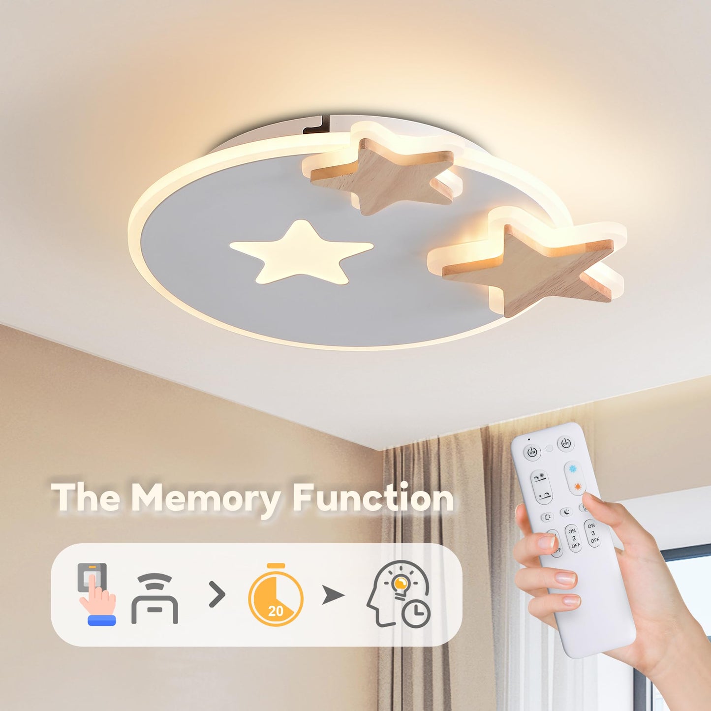 34 cm LED Ceiling Light Bedroom Wooden Children's Room Lamp Ceiling Star Children's Lamp Dimmable Ceiling Lamp for Children Lamp with Remote Control